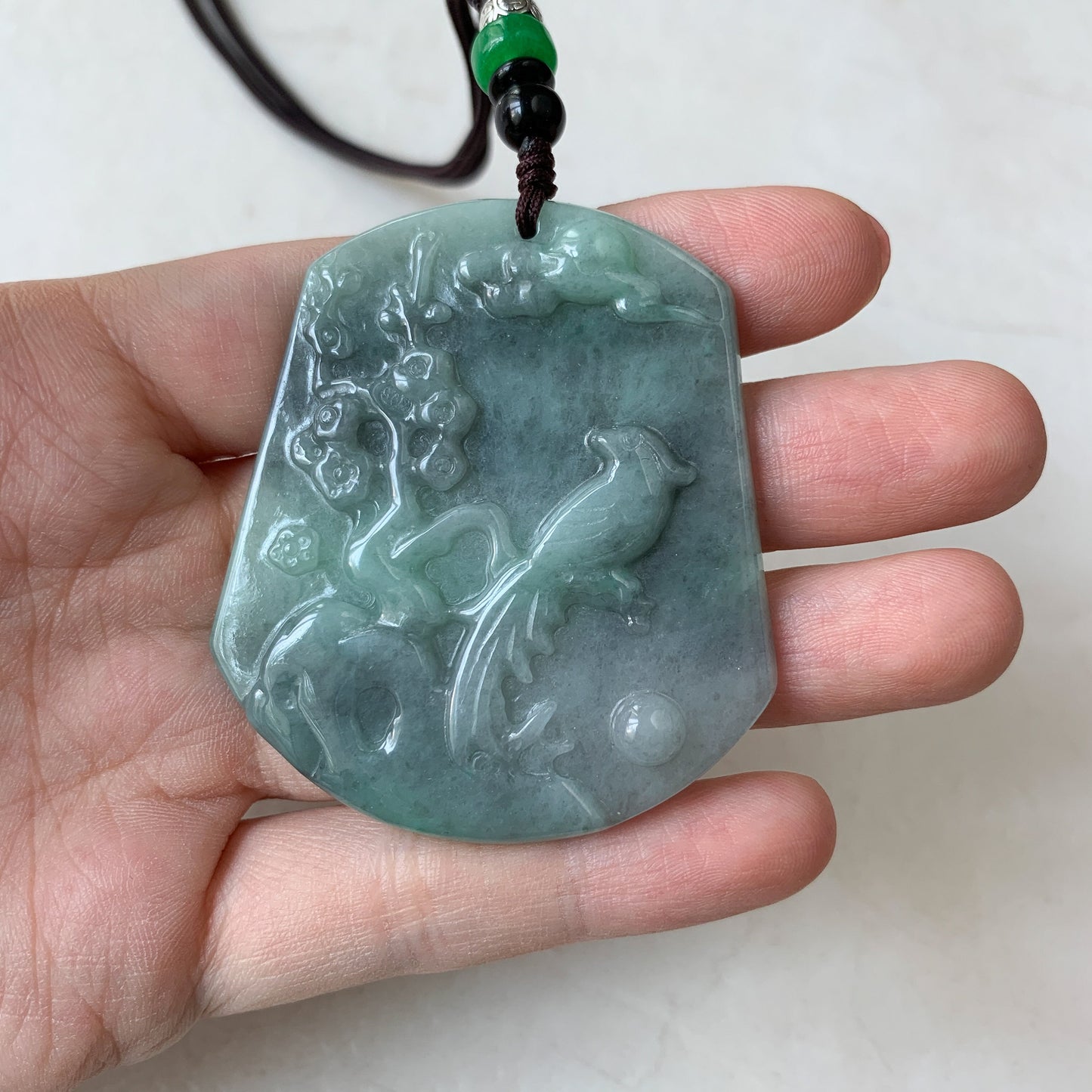 Jadeite Jade Magpie Bird Plum Flower Carved Pendant, YJ-0321-0376955 - AriaDesignCollection