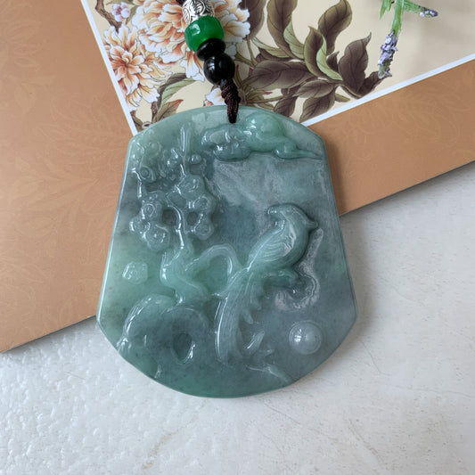 Jadeite Jade Magpie Bird Plum Flower Carved Pendant, YJ-0321-0376955 - AriaDesignCollection
