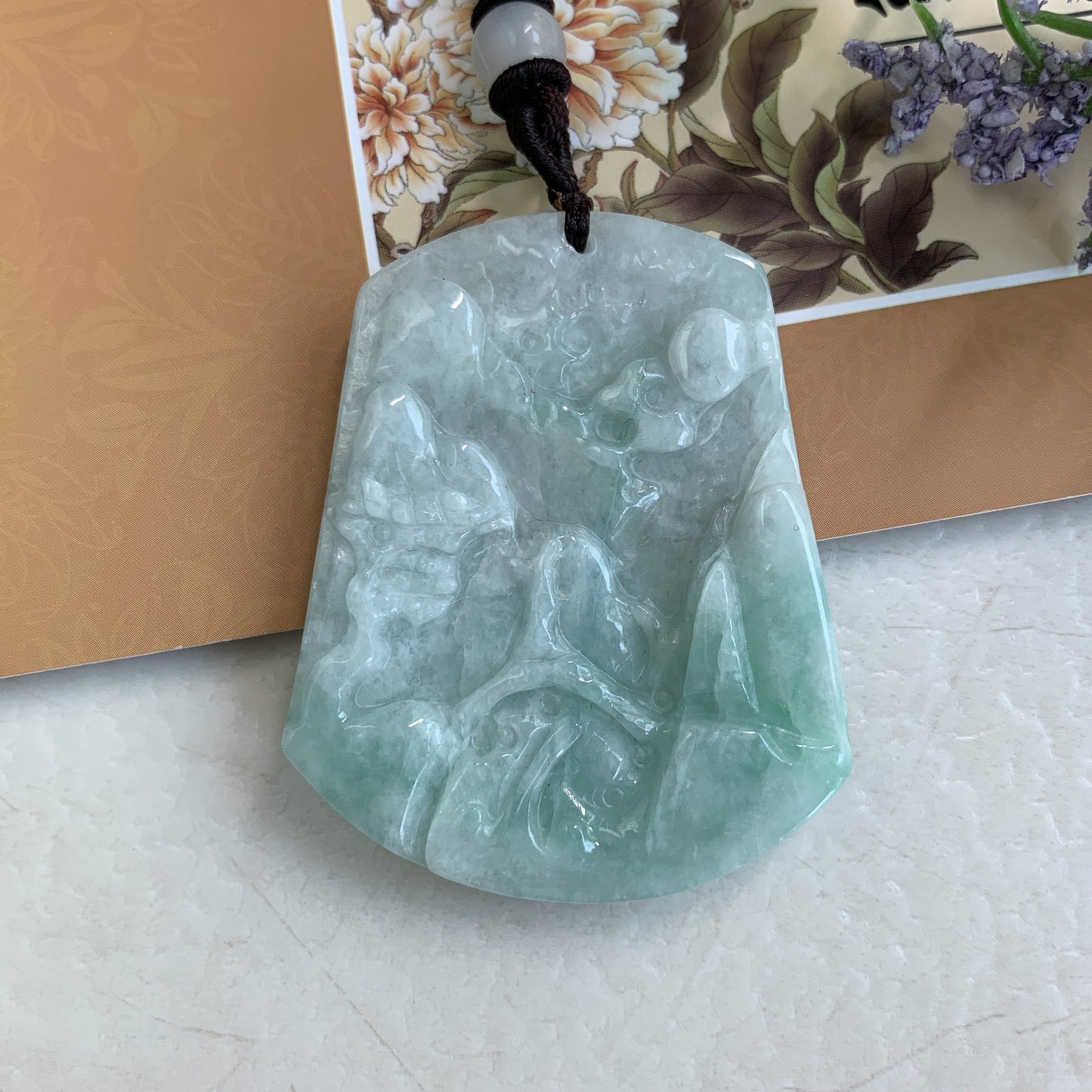 Jadeite Jade Landscape Mountain Forest River Scenery Hand Carved Pendant Necklace, YJ-0321-0320091 - AriaDesignCollection
