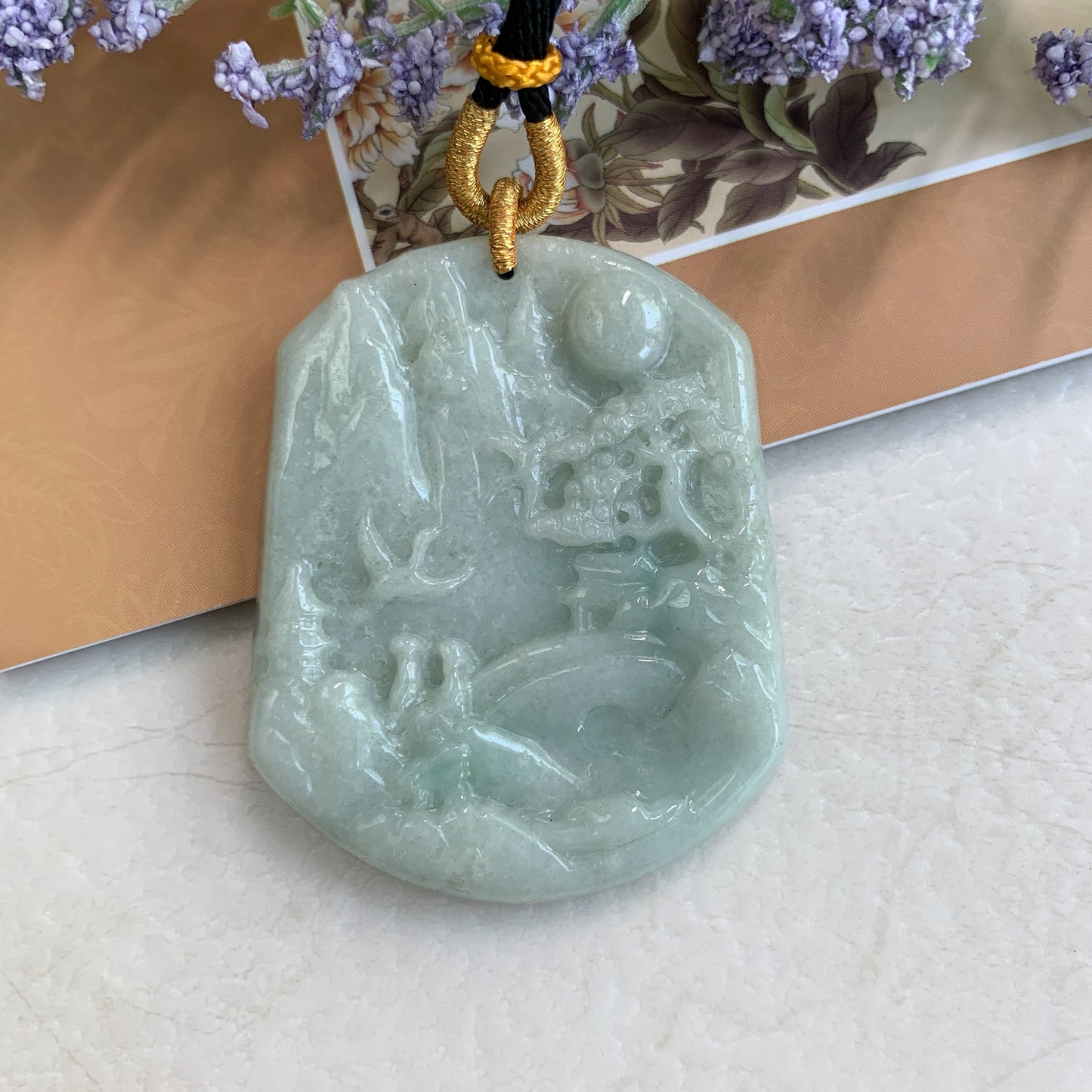 Jadeite Jade Landscape Mountain Forest River Scenery Hand Carved Pendant Necklace, YJ-0321-0437902 - AriaDesignCollection