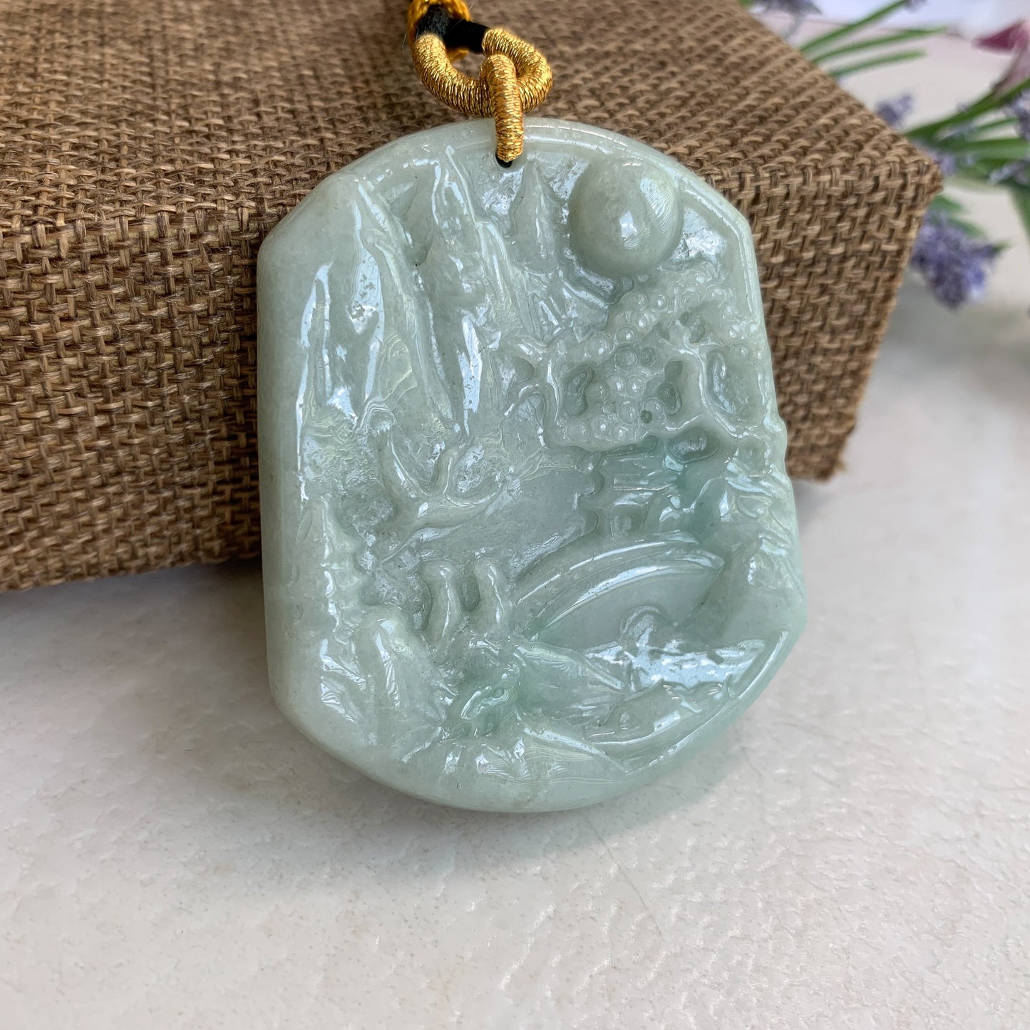 Jadeite Jade Landscape Mountain Forest River Scenery Hand Carved Pendant Necklace, YJ-0321-0437902 - AriaDesignCollection