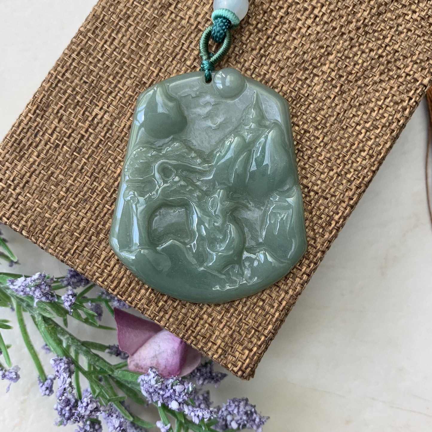 Jadeite Jade Landscape Mountain Forest River Scenery Hand Carved Pendant Necklace, YJ-0110-0371037 - AriaDesignCollection