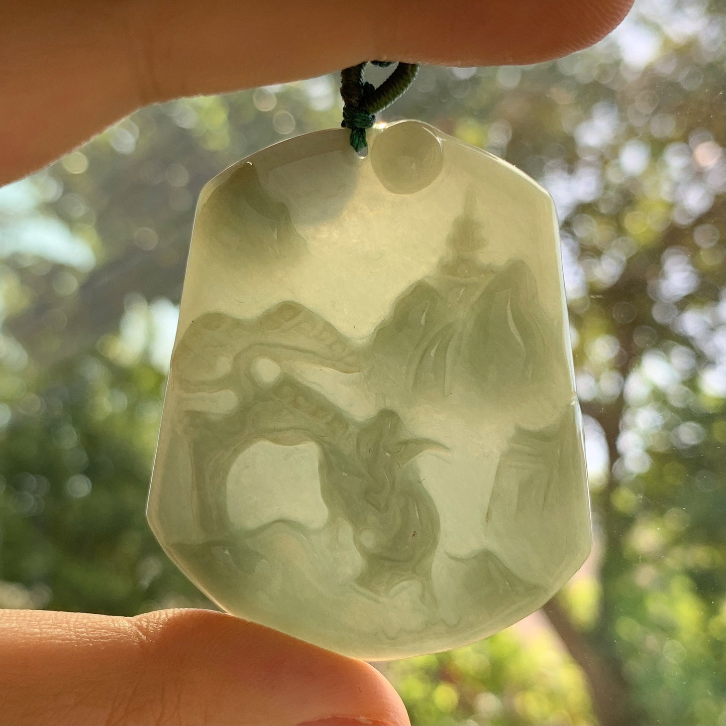 Jadeite Jade Landscape Mountain Forest River Scenery Hand Carved Pendant Necklace, YJ-0110-0371037 - AriaDesignCollection