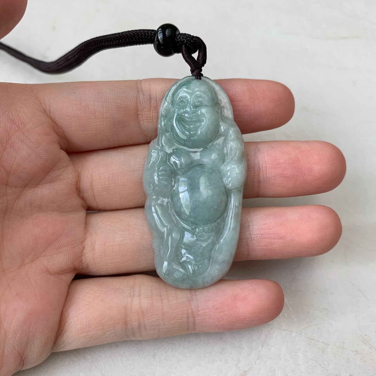 Green Jadeite Jade Buddha Hand Carved Pendant, Happy Laughing Buddha, Budai, YJ-0321-0384926 - AriaDesignCollection