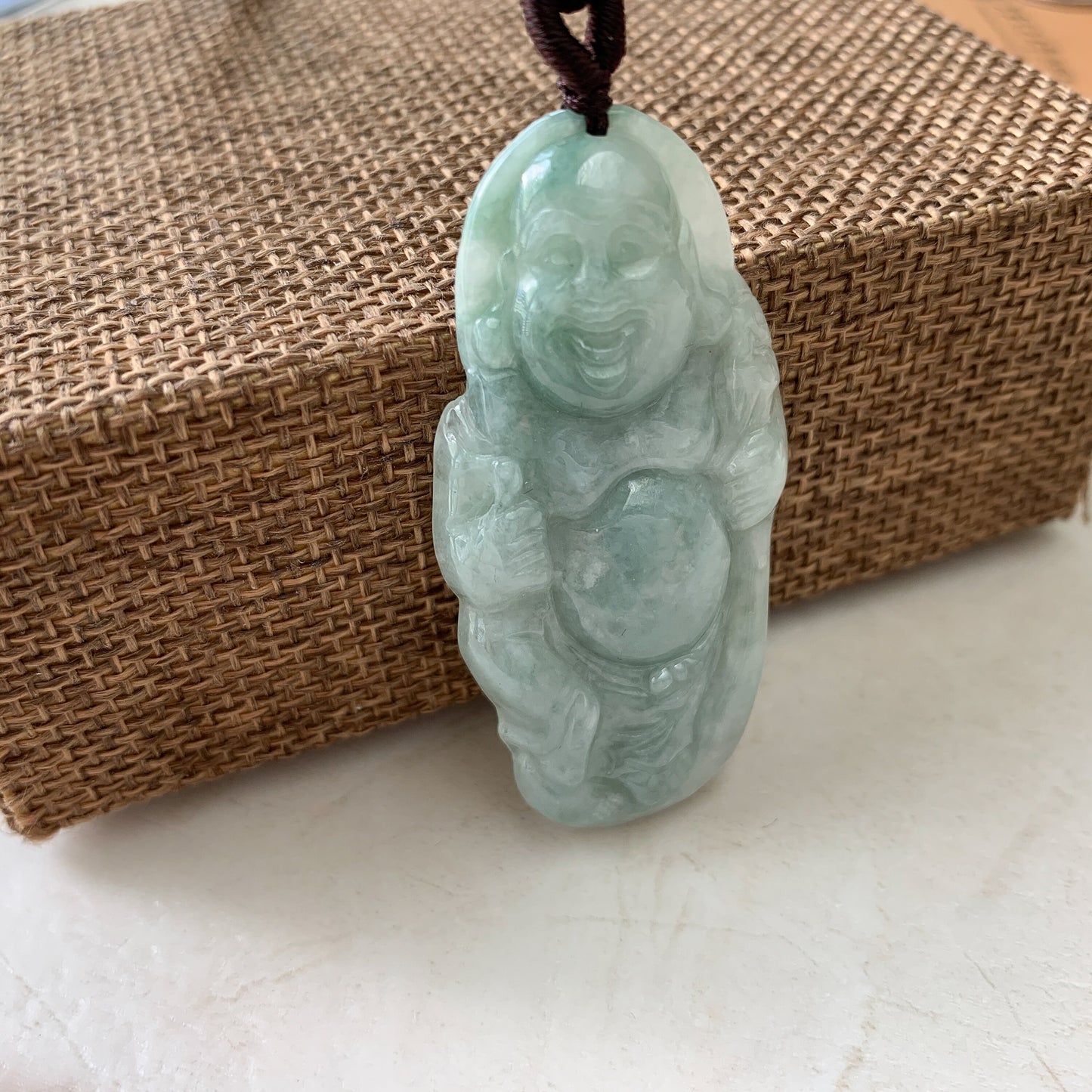 Green Jadeite Jade Buddha Hand Carved Pendant, Happy Laughing Buddha, Budai, YJ-0321-0384926 - AriaDesignCollection