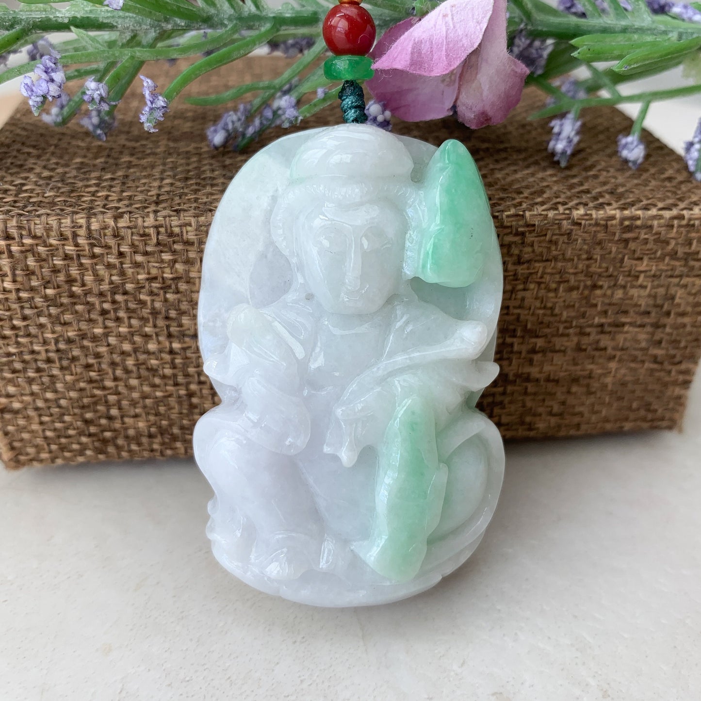 Large Jadeite Jade Guan Yin Avalokiteshvara, Quan Am, Hand Carved Pendant Necklace, YW-0110-1646450954 - AriaDesignCollection