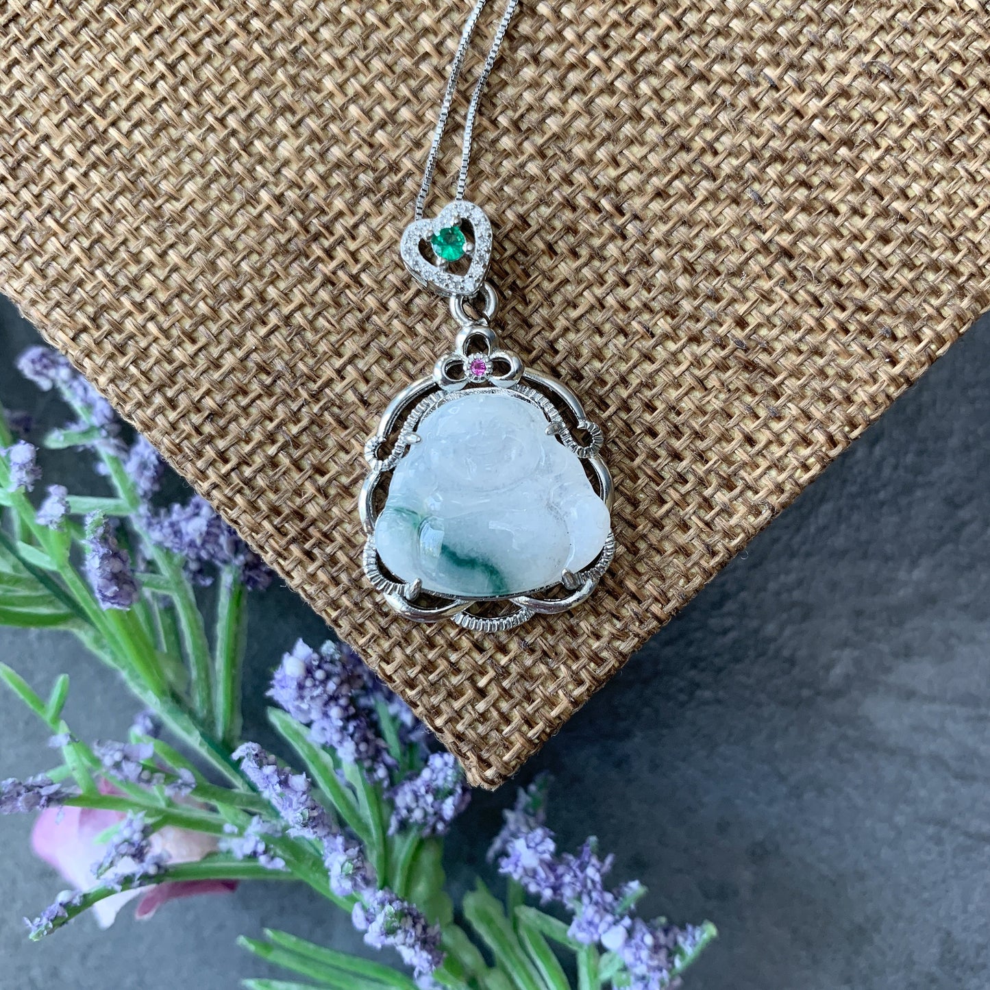 Jadeite Jade Buddha Carved Pendant Sterling Silver Necklace, BJ-0621-0005599-1 - AriaDesignCollection