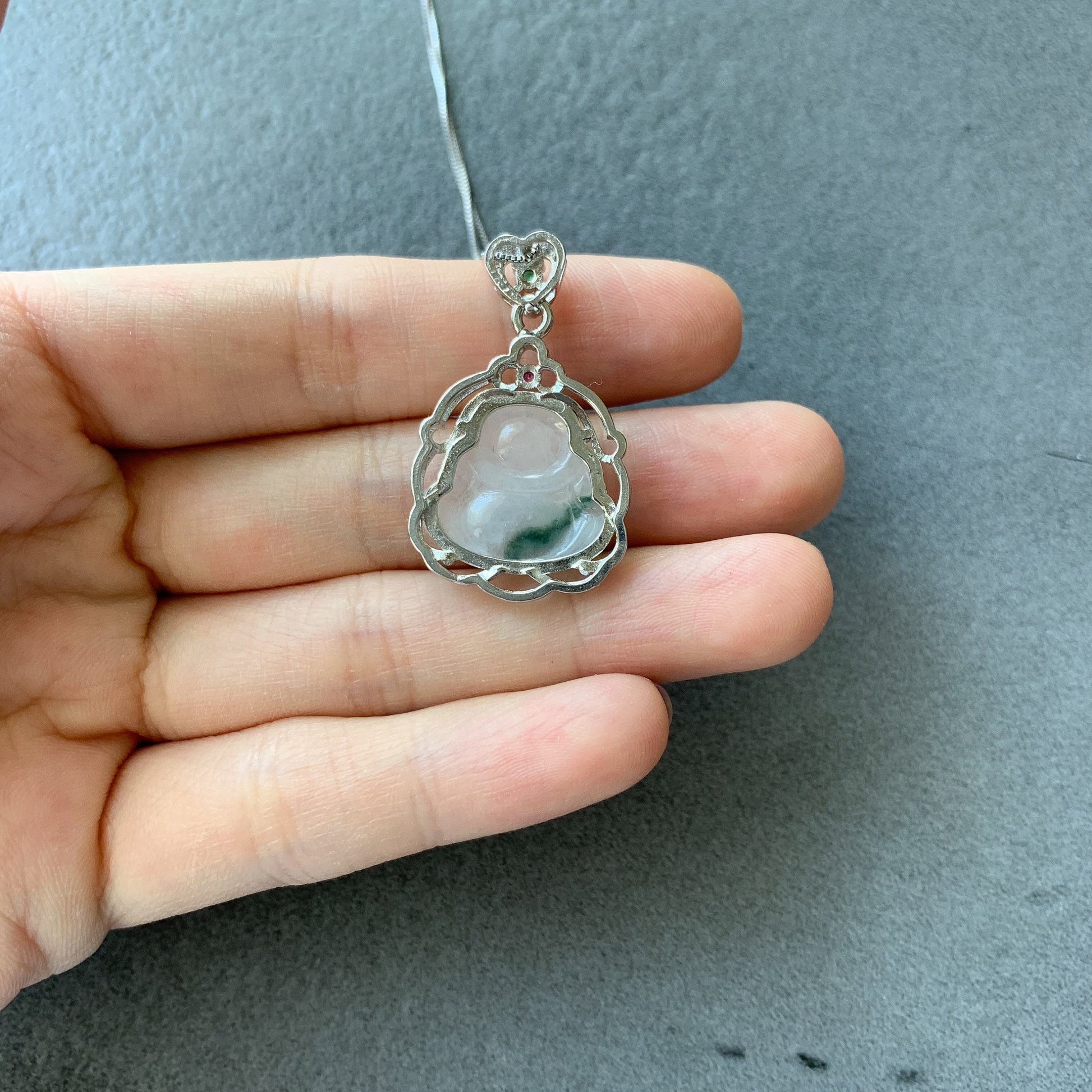 Jadeite Jade Buddha Carved Pendant Sterling Silver Necklace, BJ-0621-0005599-1 - AriaDesignCollection