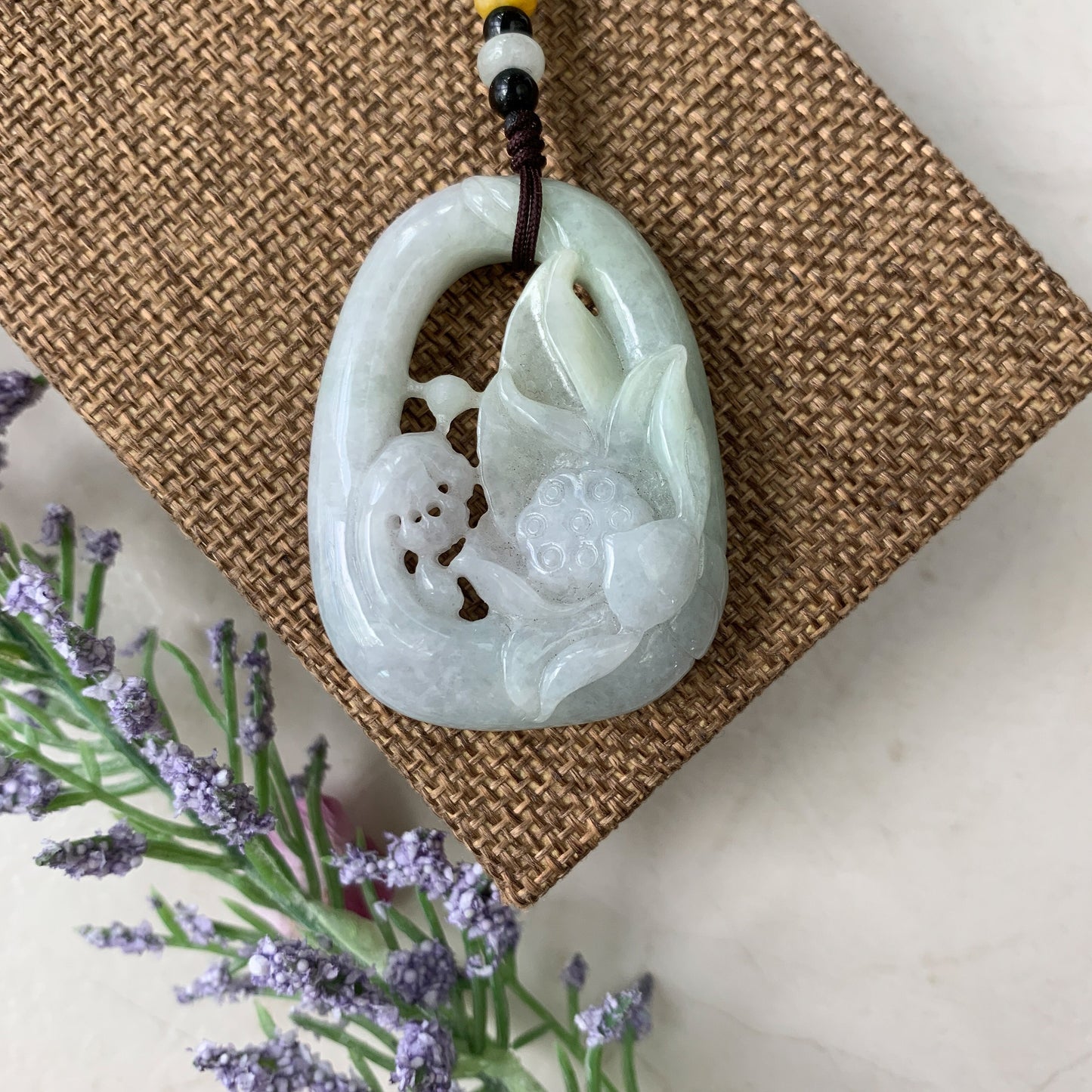 Jadeite Jade Lotus Flower Hand Carved Necklace, YJ-0321-0430260 - AriaDesignCollection