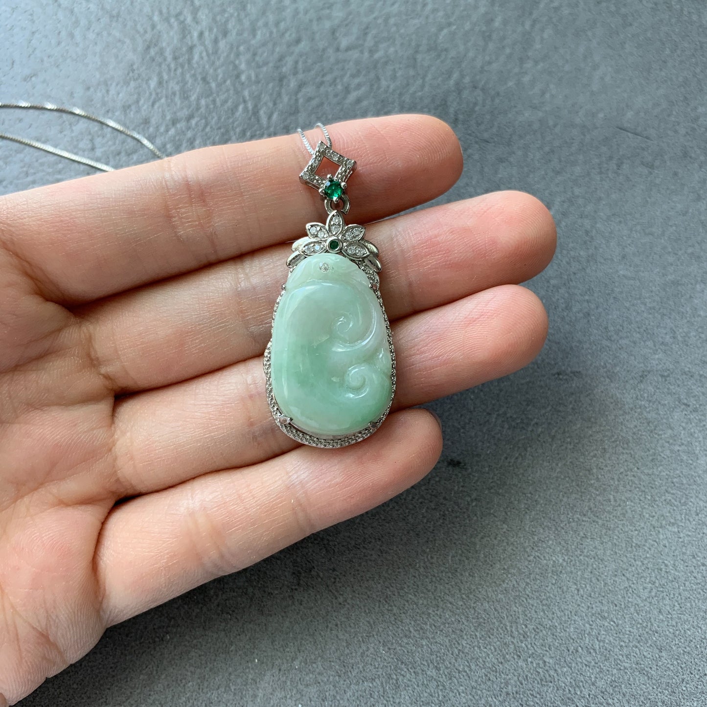 Jadeite Jade Lucky Ruyi, Ru Yi, 如意, Sterling Silver Pendant Hand Carved Necklace, BJ-0621-0003439-1 - AriaDesignCollection