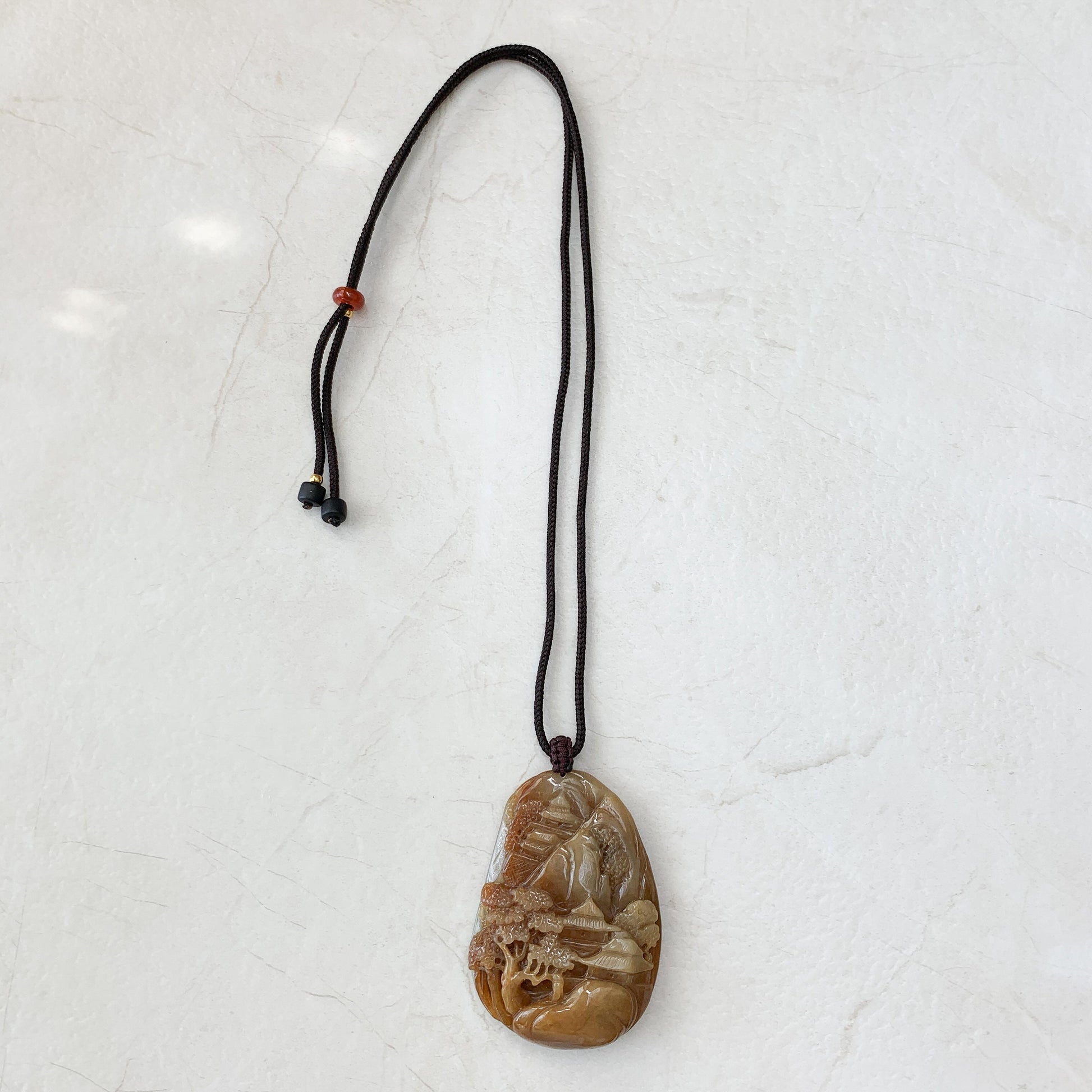 Jadeite Jade Yellow and Red Landscape Mountain Forest River Scenery Hand Carved Pendant Necklace, YJ-0321-0327782 - AriaDesignCollection