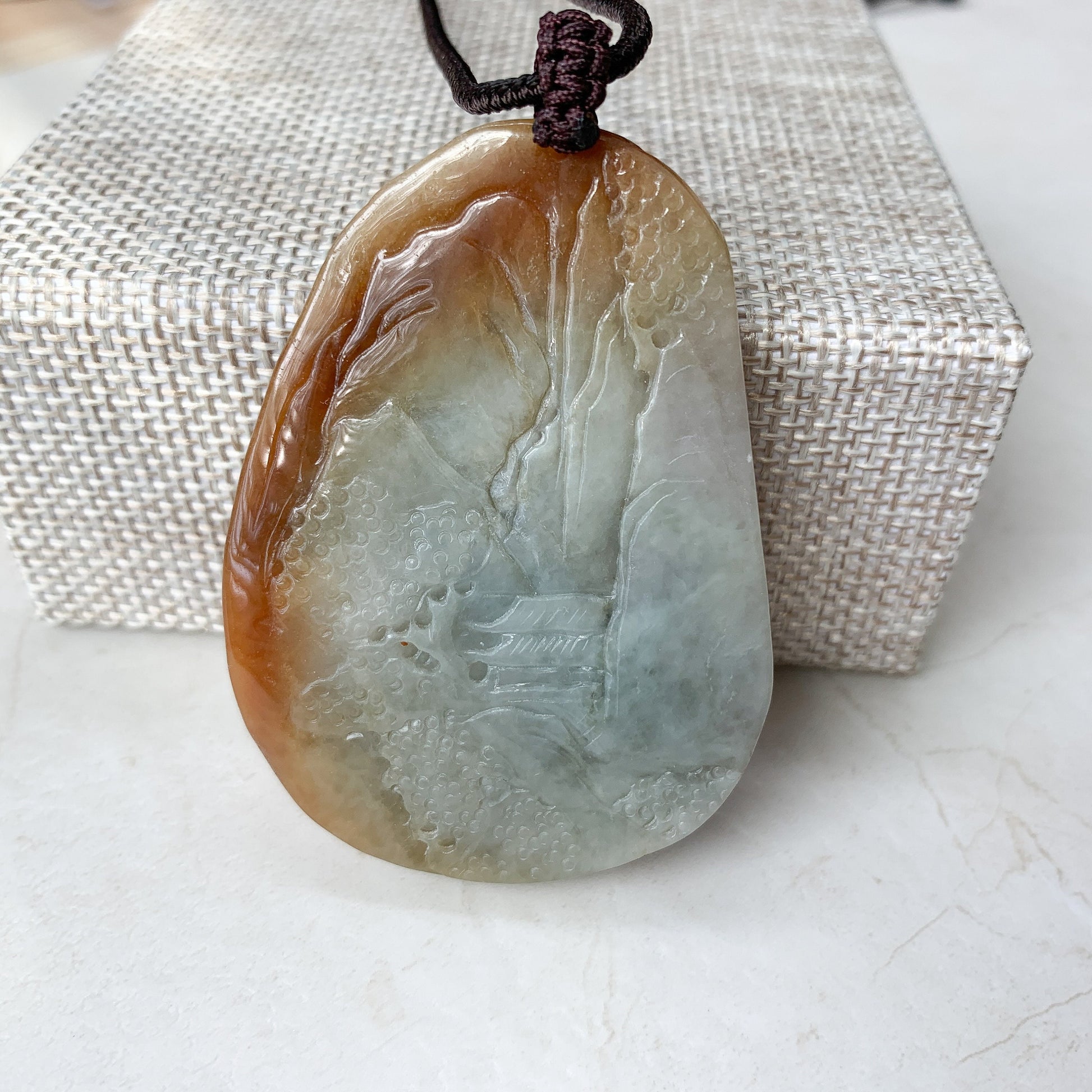 Jadeite Jade Yellow and Red Landscape Mountain Forest River Scenery Hand Carved Pendant Necklace, YJ-0321-0327782 - AriaDesignCollection