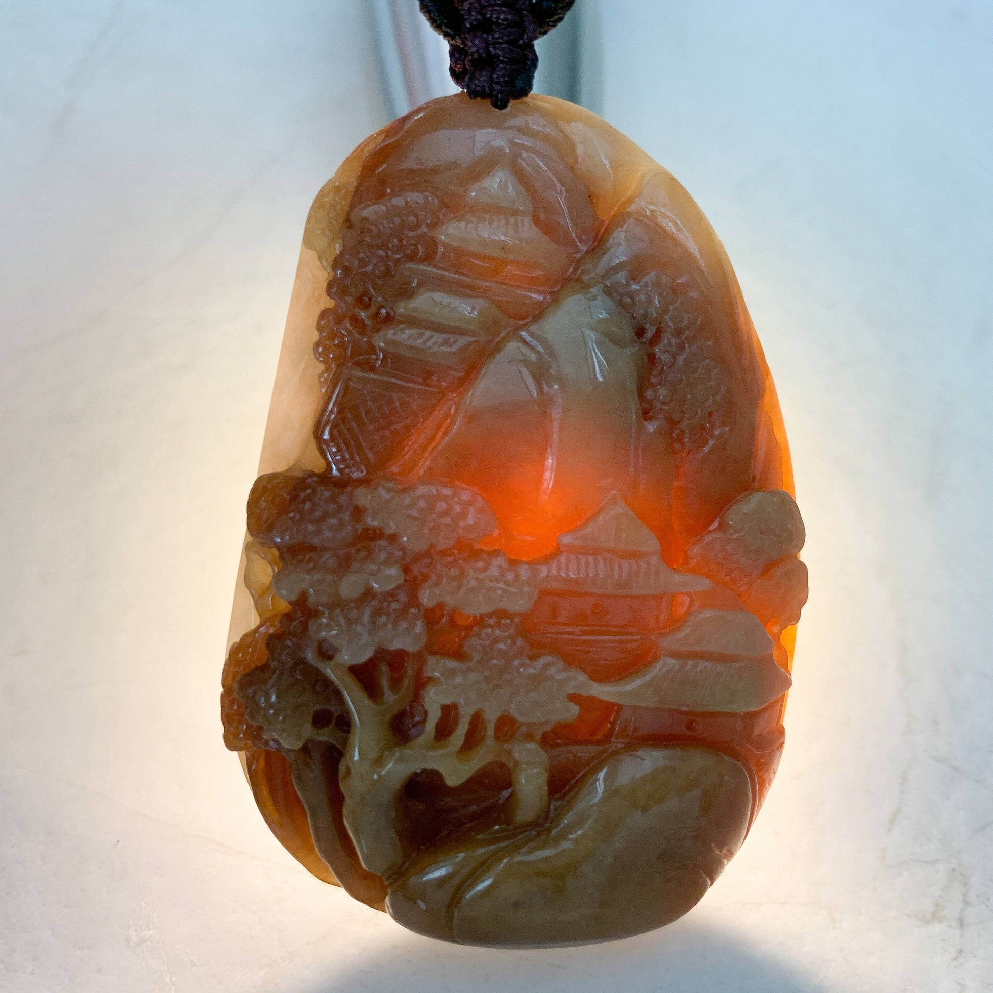 Jadeite Jade Yellow and Red Landscape Mountain Forest River Scenery Hand Carved Pendant Necklace, YJ-0321-0327782 - AriaDesignCollection