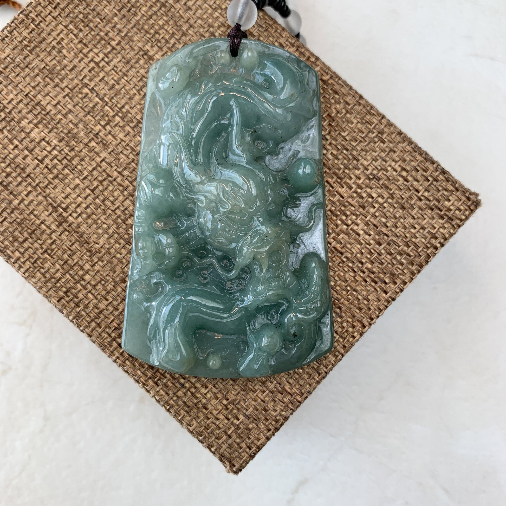 Large Jadeite Jade Dragon Chinese Zodiac Hand Carved Pendant Necklace, YJ-0321-0465253 - AriaDesignCollection