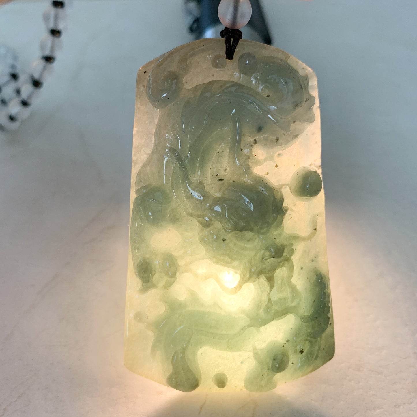 Large Jadeite Jade Dragon Chinese Zodiac Hand Carved Pendant Necklace, YJ-0321-0465253 - AriaDesignCollection