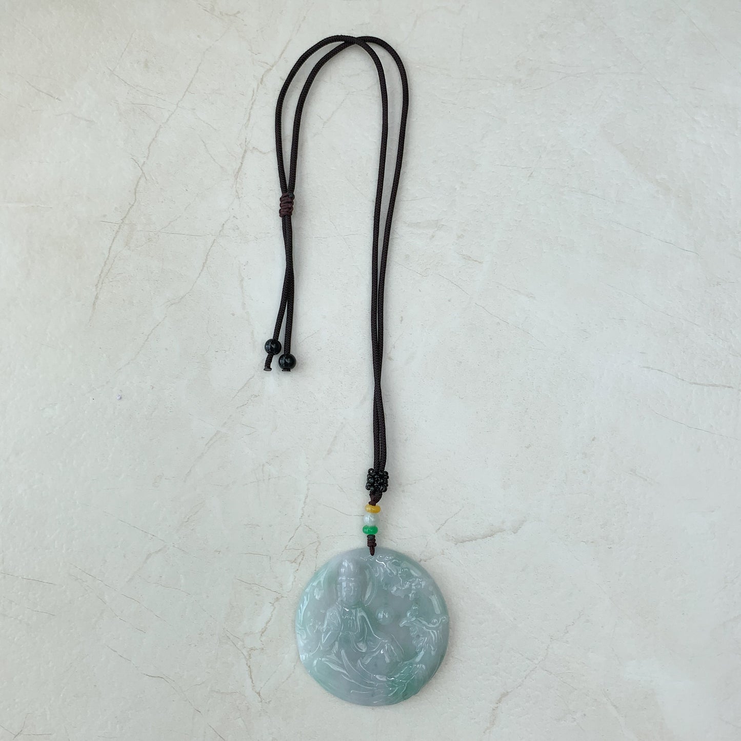 Large Jadeite Jade Guan Yin Sitting on Lotus with Phoenix Avalokiteshvara Carved Pendant Necklace, YJ-0321-0447204 - AriaDesignCollection
