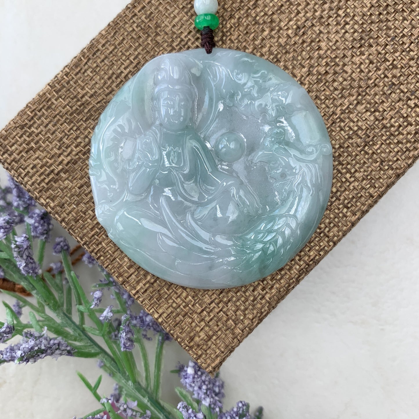 Large Jadeite Jade Guan Yin Sitting on Lotus with Phoenix Avalokiteshvara Carved Pendant Necklace, YJ-0321-0447204 - AriaDesignCollection
