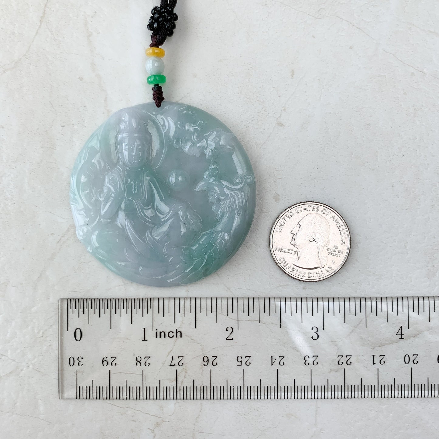 Large Jadeite Jade Guan Yin Sitting on Lotus with Phoenix Avalokiteshvara Carved Pendant Necklace, YJ-0321-0447204 - AriaDesignCollection