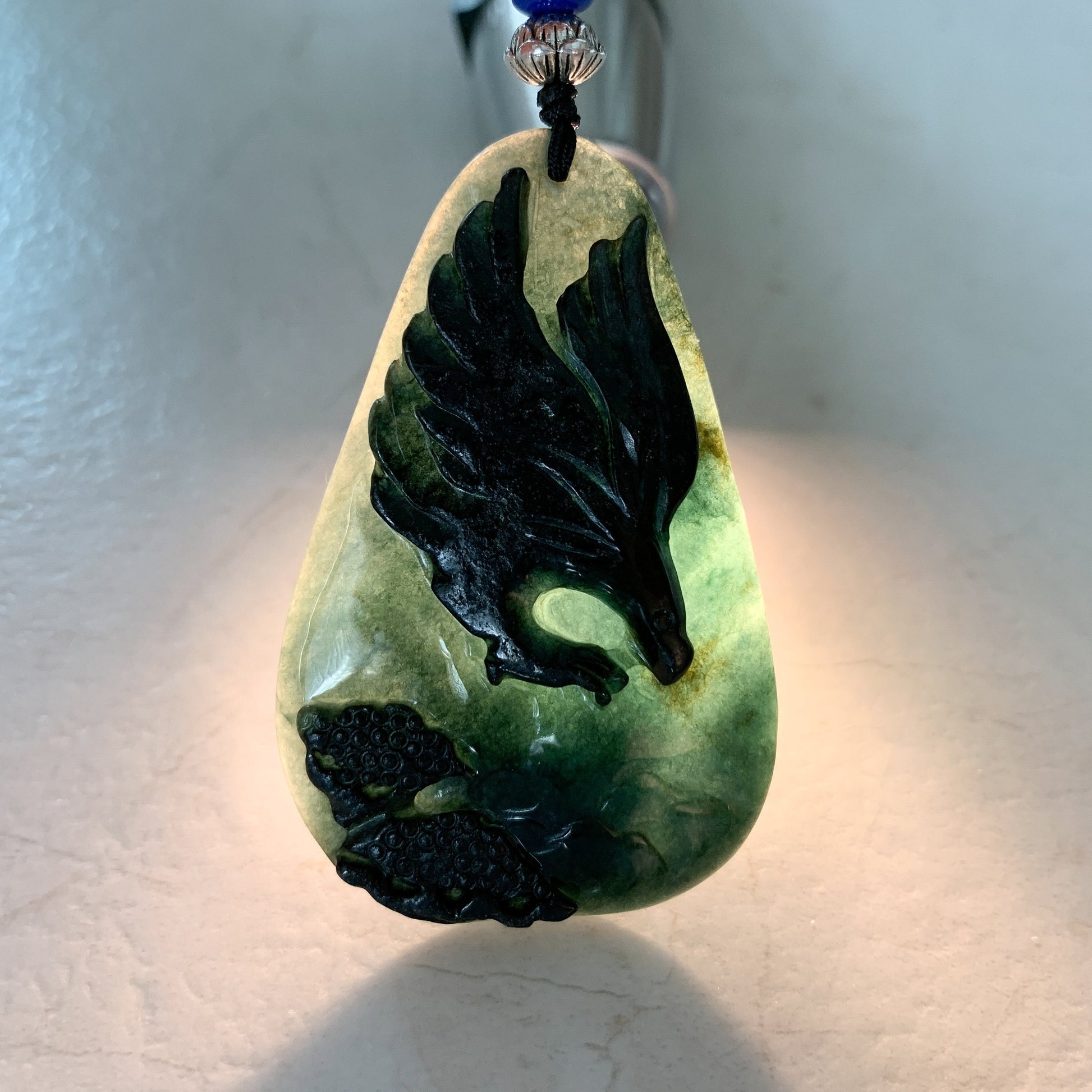 Black Green Jadeite Jade Eagle Necklace, Hand Carved, YJ-0321-0351385 - AriaDesignCollection