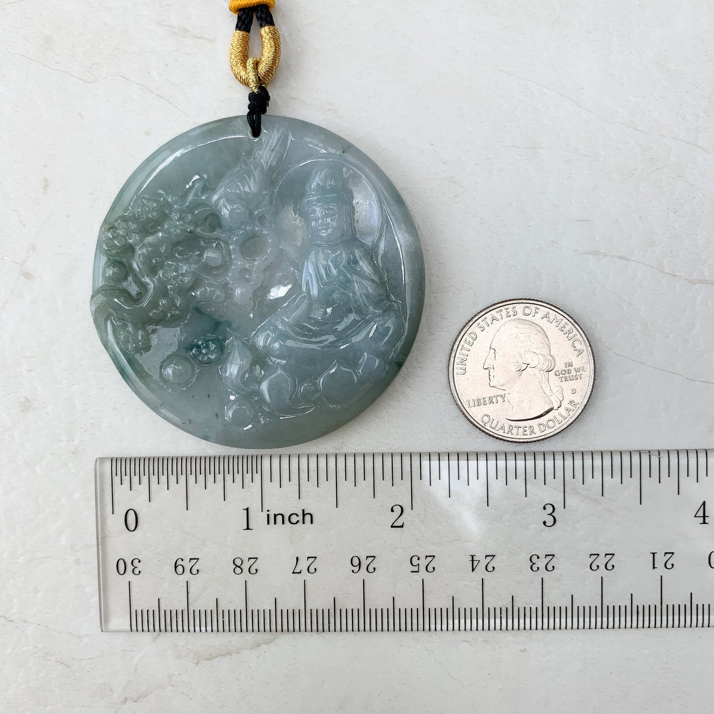 Large Jadeite Jade Guan Yin Sitting on Lotus with Phoenix Avalokiteshvara Carved Pendant Necklace, YJ-0321-0351344 - AriaDesignCollection