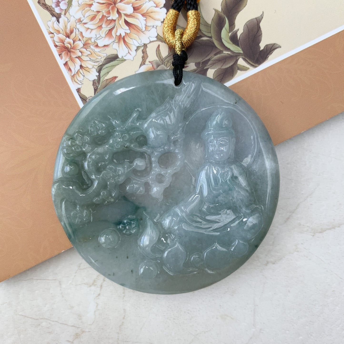 Large Jadeite Jade Guan Yin Sitting on Lotus with Phoenix Avalokiteshvara Carved Pendant Necklace, YJ-0321-0351344 - AriaDesignCollection