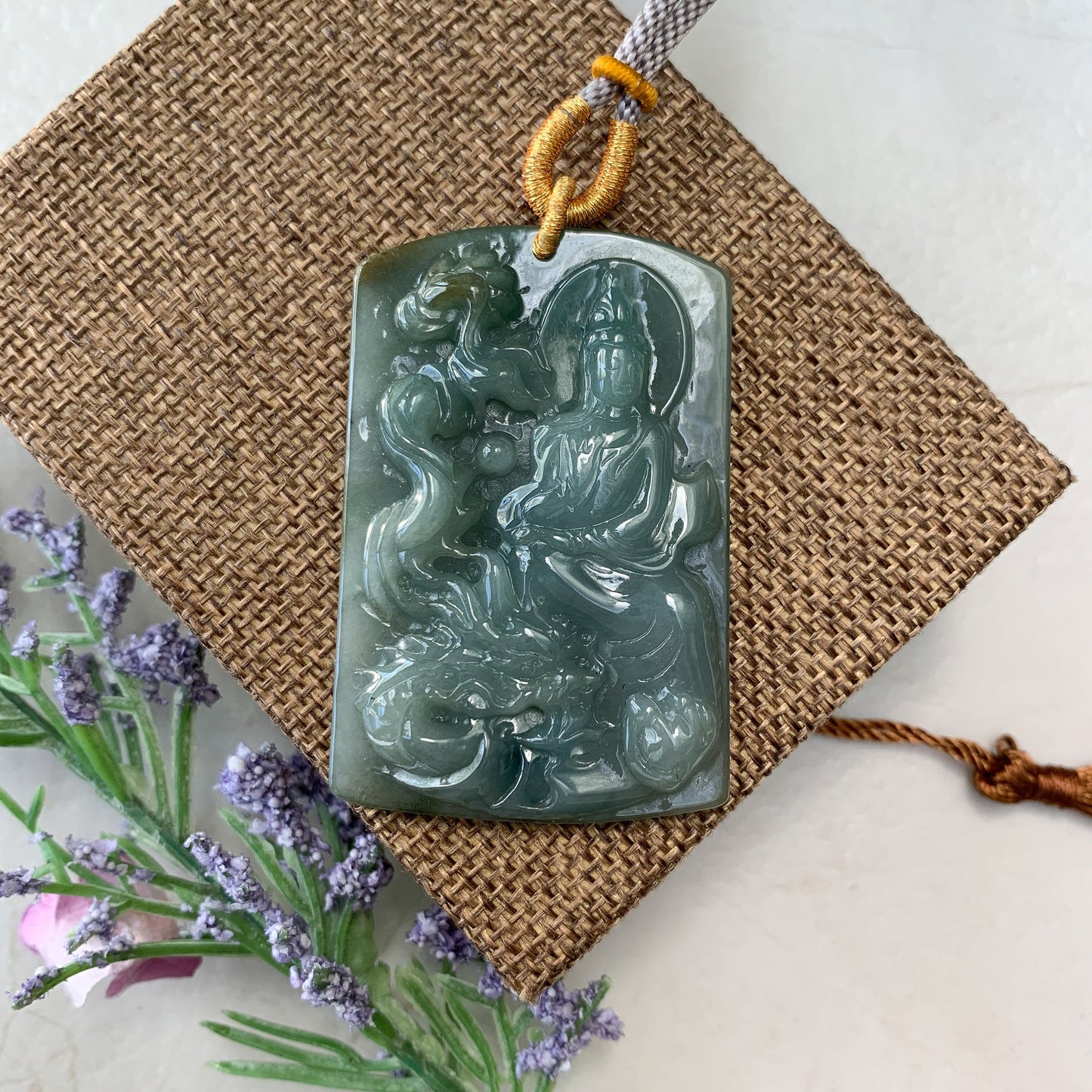 Jadeite Jade Guan Yin Kwan Yin Protected by Dragon Avalokitesvara Semi-Translucent Carved Pendant Necklace, YJ-0321-0348626 - AriaDesignCollection