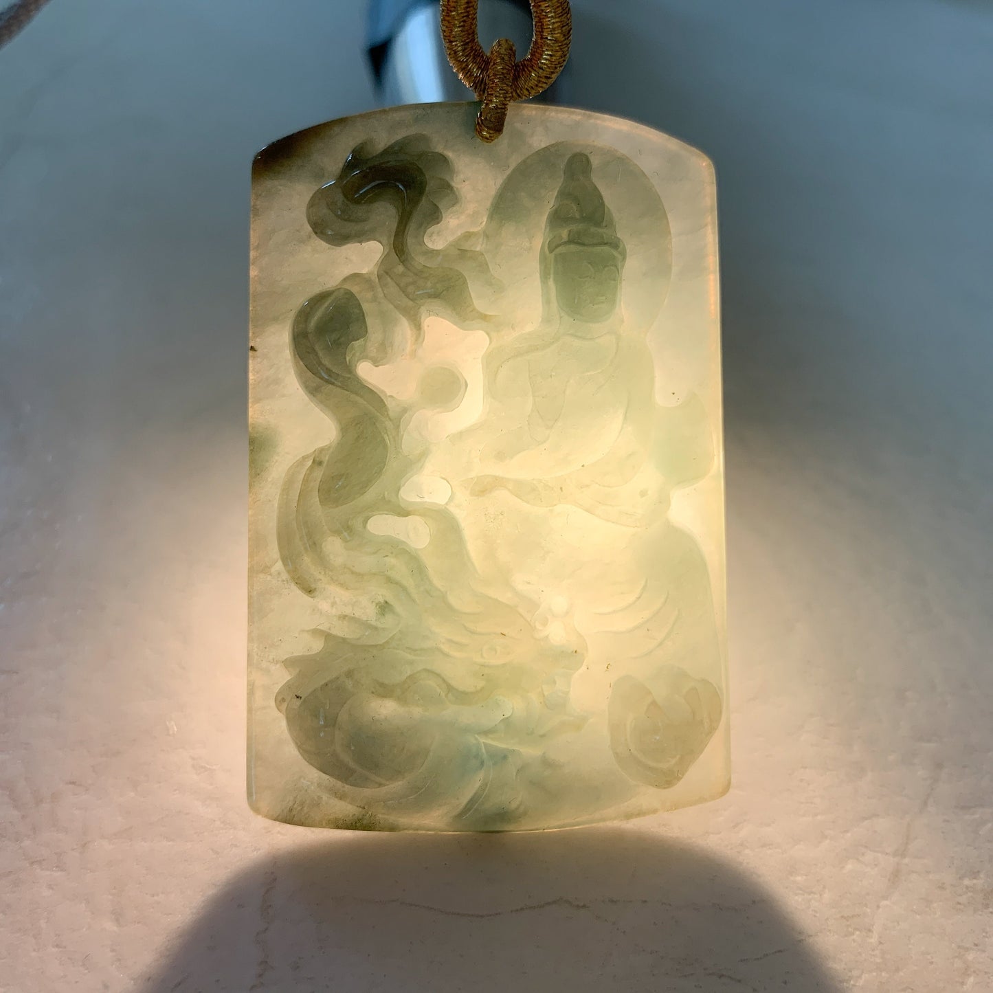 Jadeite Jade Guan Yin Kwan Yin Protected by Dragon Avalokitesvara Semi-Translucent Carved Pendant Necklace, YJ-0321-0348626 - AriaDesignCollection