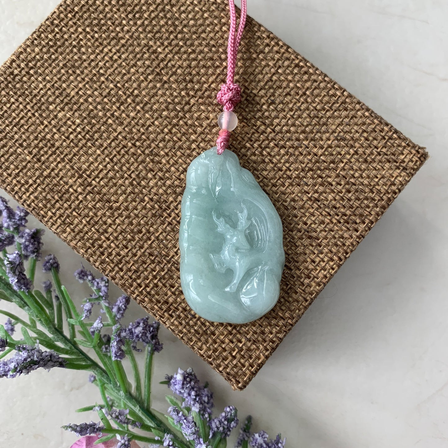 Jadeite Jade Deer in Forest Hand Carved Pendant Necklace, YJ-0321-0468569 - AriaDesignCollection