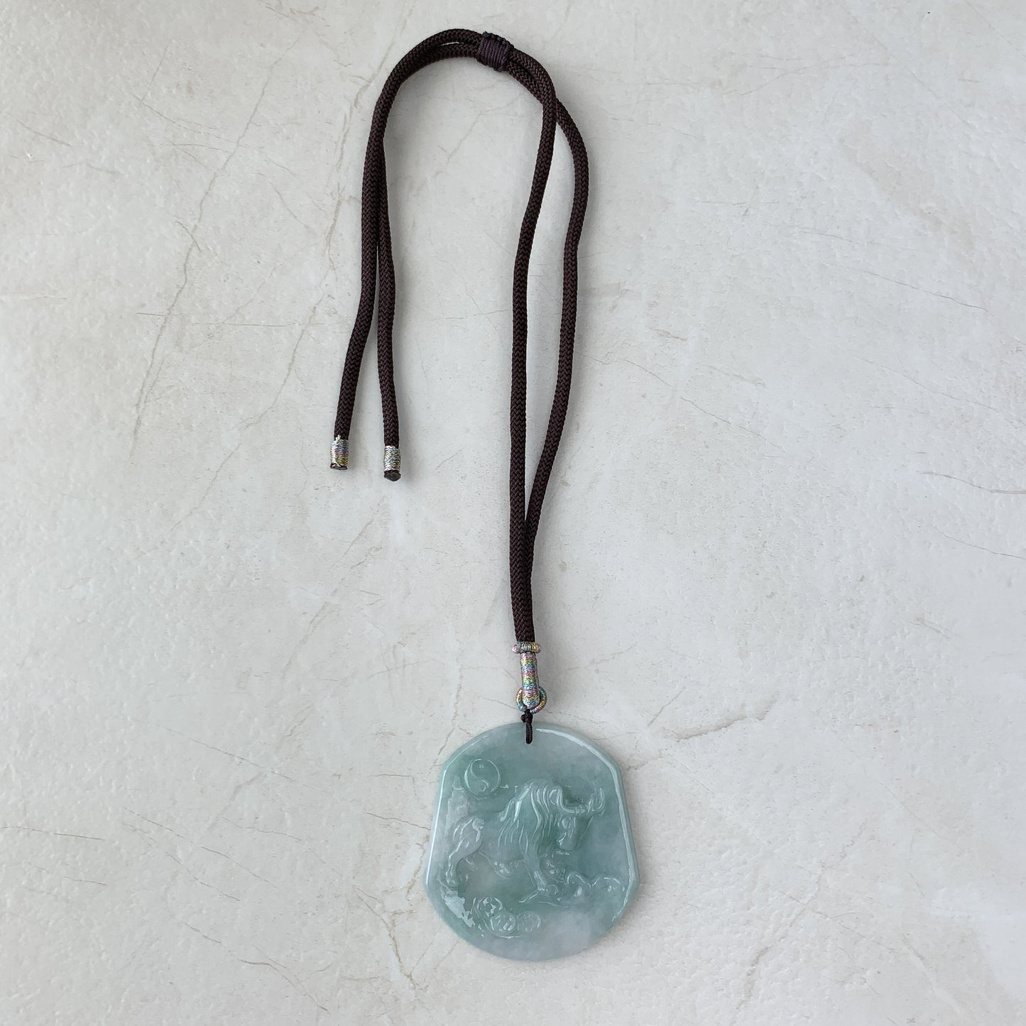Ox Jadeite Jade Bull Cow Chinese Zodiac Carved Rustic Pendant Necklace, YJ-0321-0324765 - AriaDesignCollection