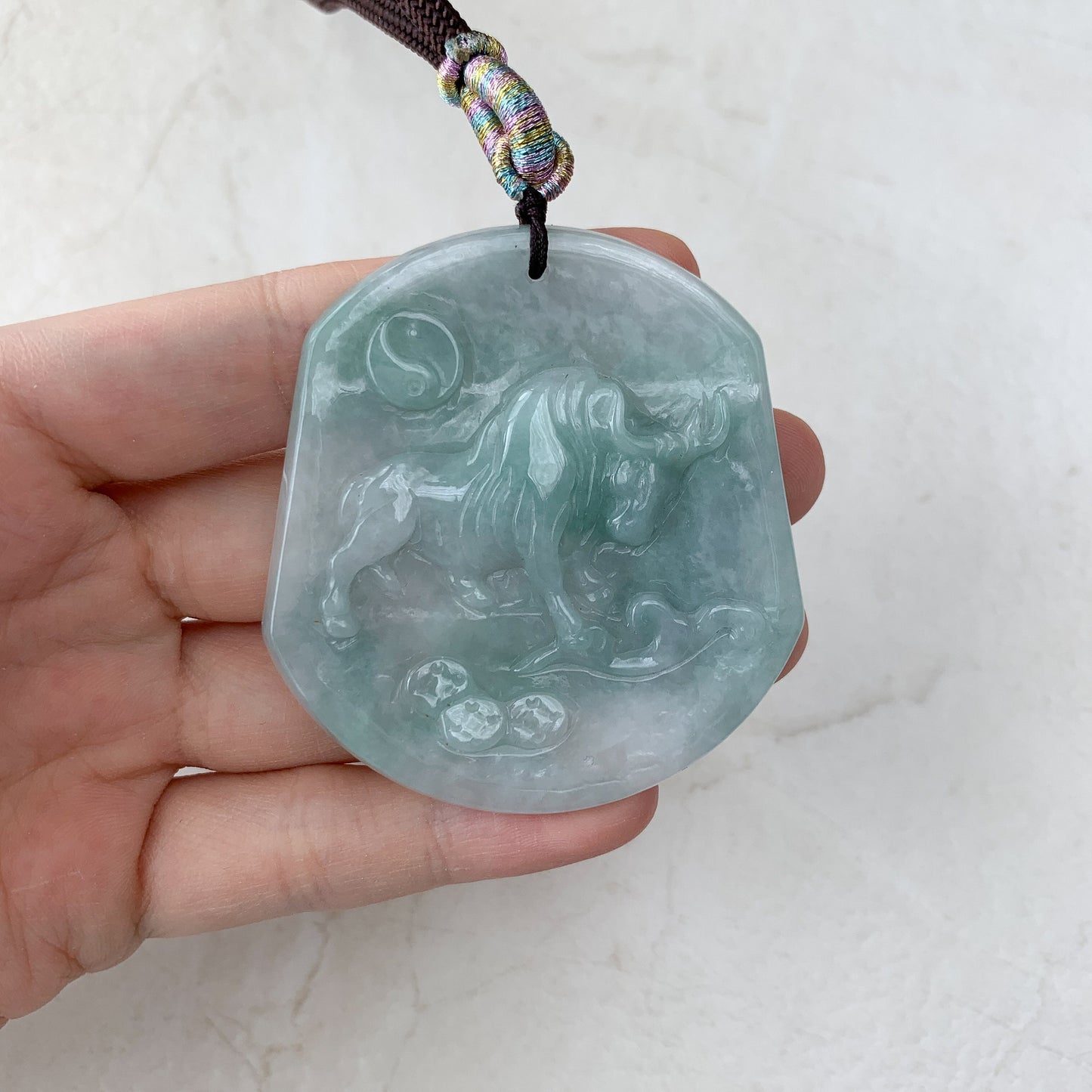 Ox Jadeite Jade Bull Cow Chinese Zodiac Carved Rustic Pendant Necklace, YJ-0321-0324765 - AriaDesignCollection