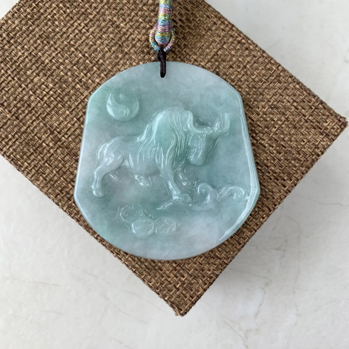 Ox Jadeite Jade Bull Cow Chinese Zodiac Carved Rustic Pendant Necklace, YJ-0321-0324765 - AriaDesignCollection