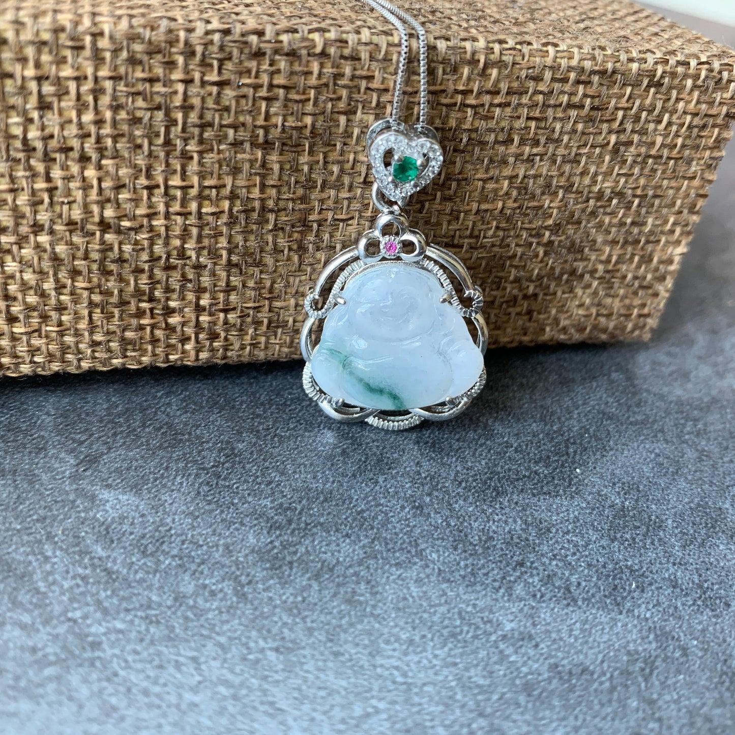 Jadeite Jade Buddha Carved Pendant Sterling Silver Necklace, BJ-0621-0005599-1 - AriaDesignCollection
