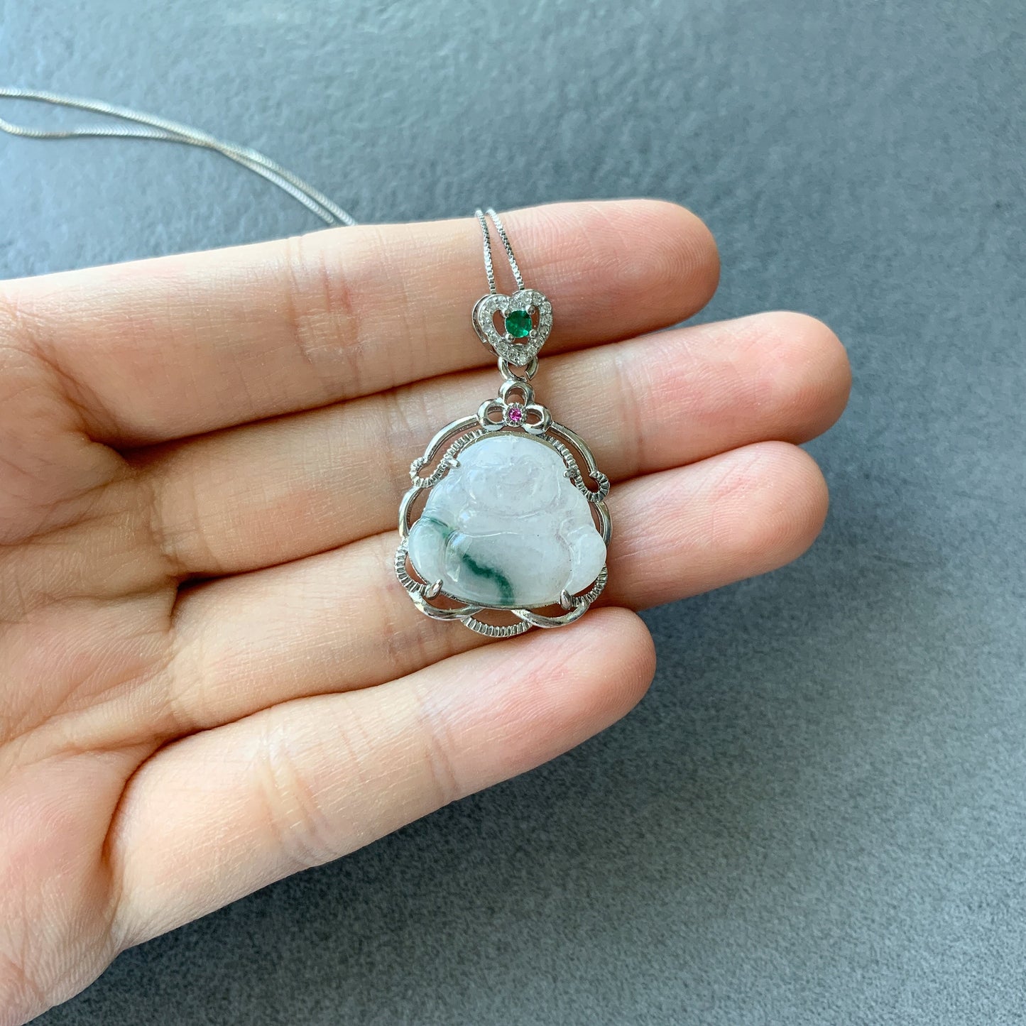 Jadeite Jade Buddha Carved Pendant Sterling Silver Necklace, BJ-0621-0005599-1 - AriaDesignCollection