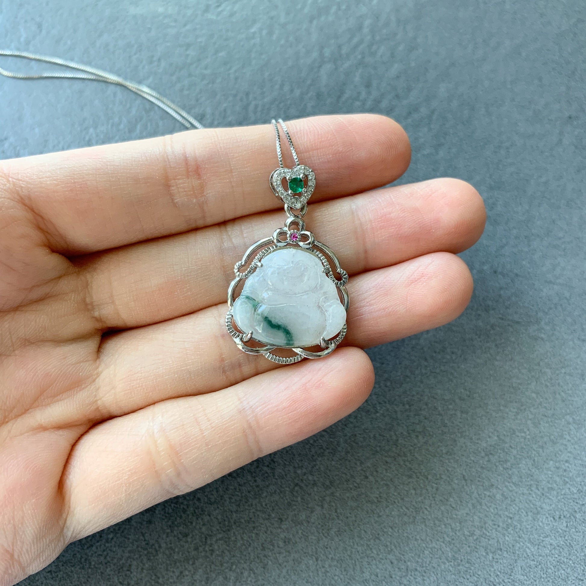 Jadeite Jade Buddha Carved Pendant Sterling Silver Necklace, BJ-0621-0005599-1 - AriaDesignCollection