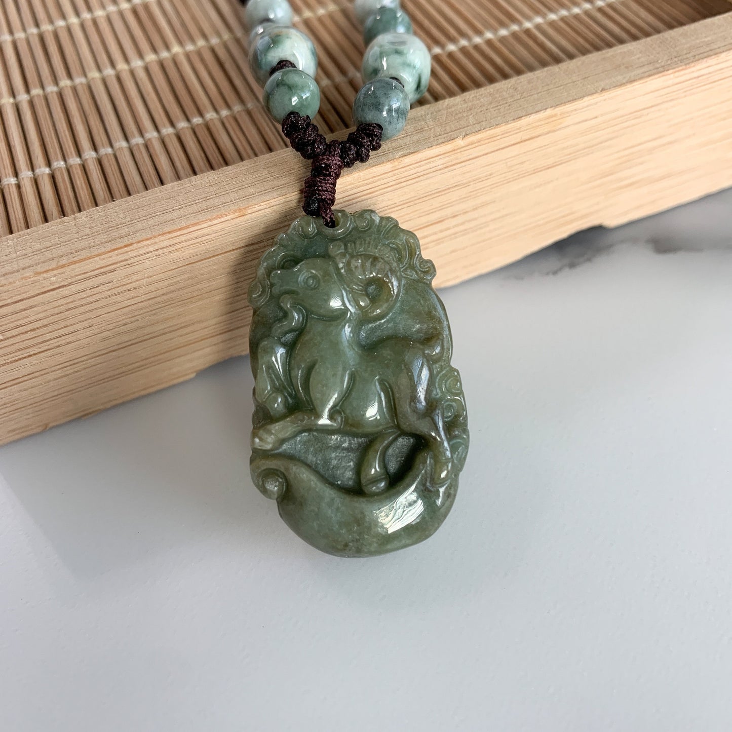 Jadeite Jade Sheep Goat Ram Chinese Zodiac Carved Pendant Necklace, YW-0321-1646062518 - AriaDesignCollection