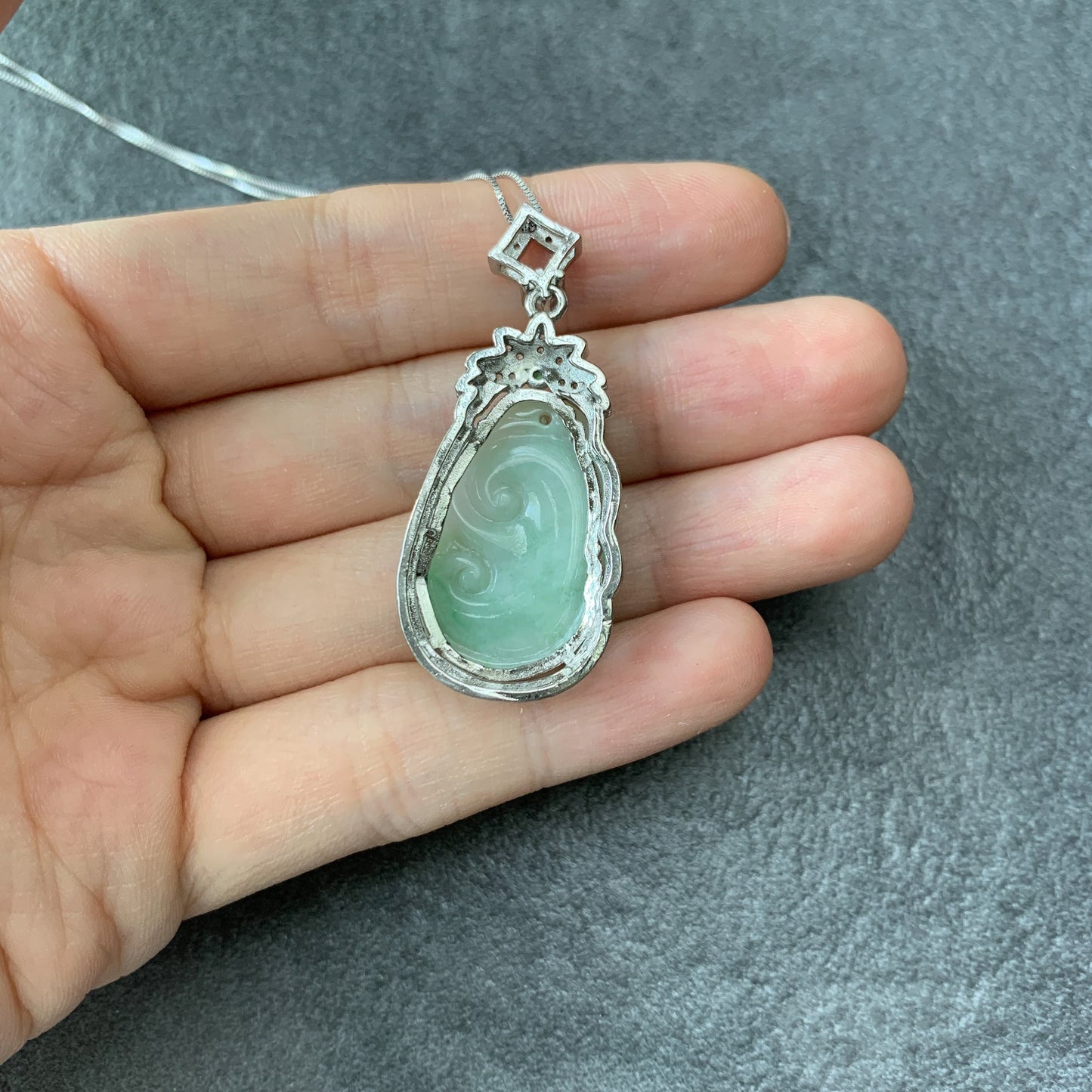 Jadeite Jade Lucky Ruyi, Ru Yi, 如意, Sterling Silver Pendant Hand Carved Necklace, BJ-0621-0003439-1 - AriaDesignCollection