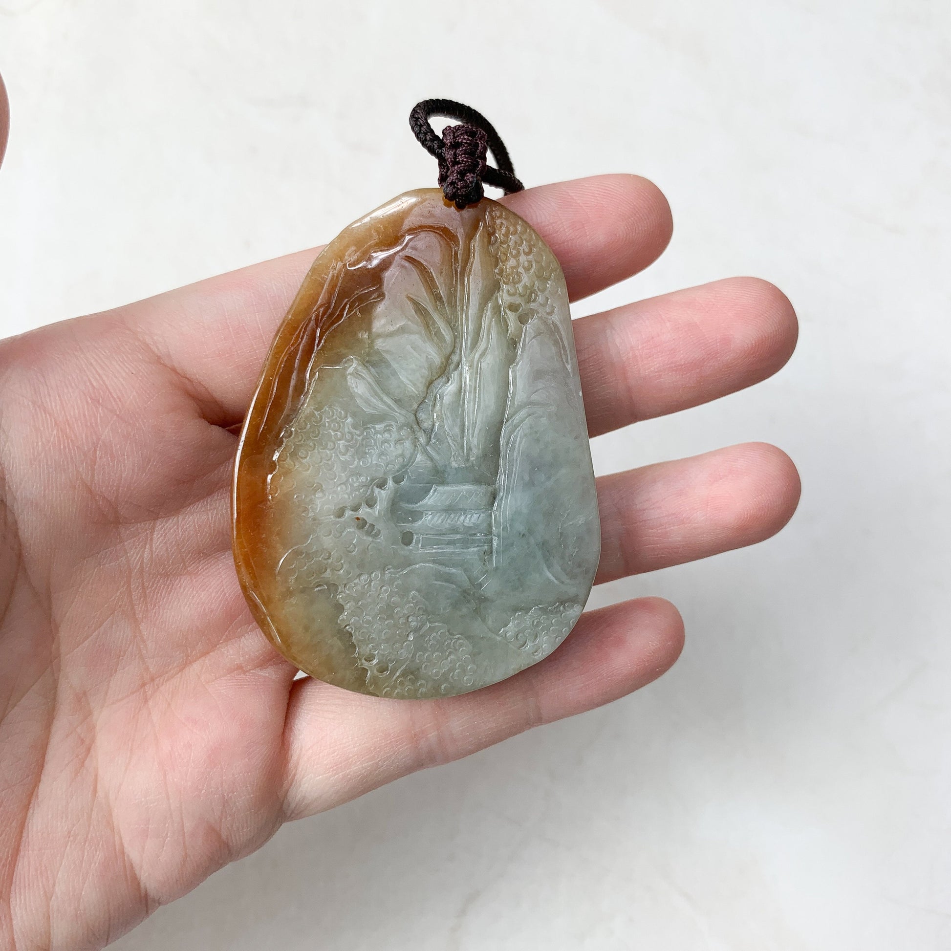 Jadeite Jade Yellow and Red Landscape Mountain Forest River Scenery Hand Carved Pendant Necklace, YJ-0321-0327782 - AriaDesignCollection
