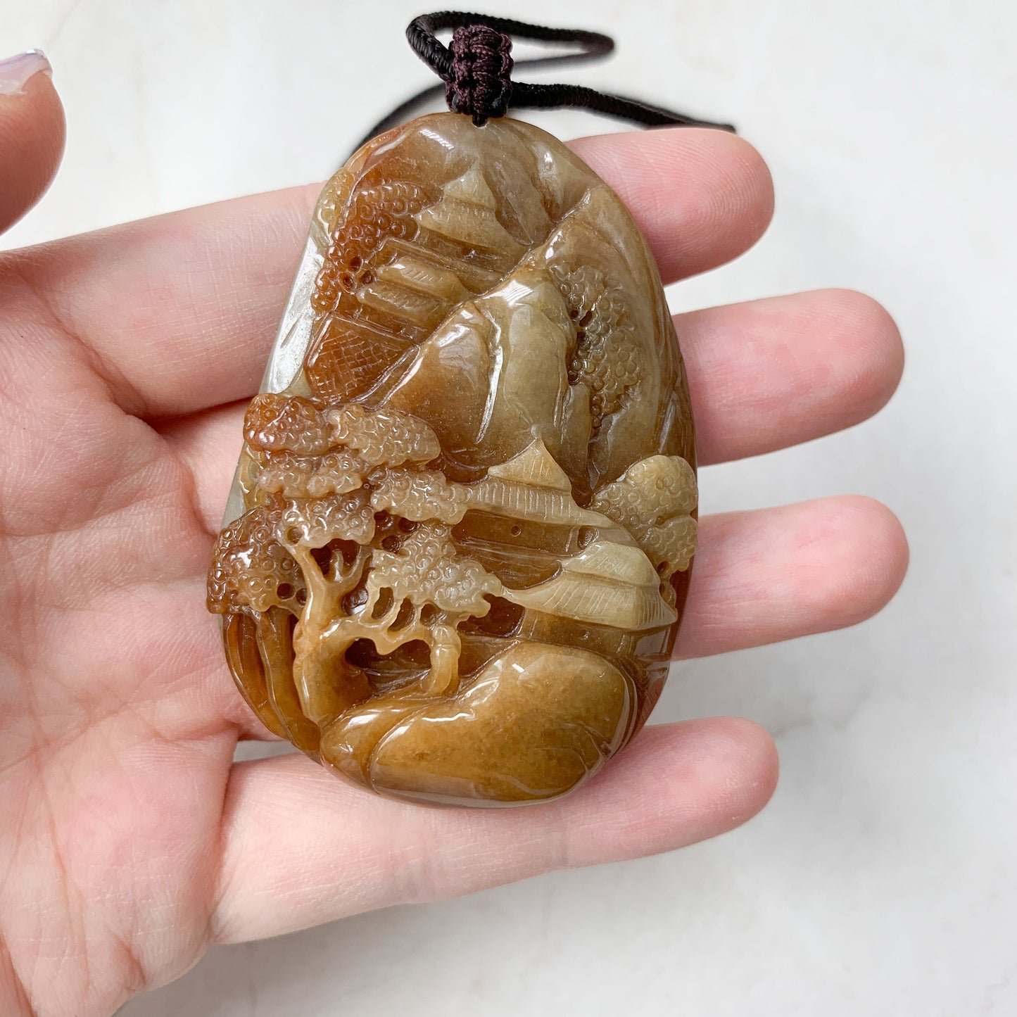 Jadeite Jade Yellow and Red Landscape Mountain Forest River Scenery Hand Carved Pendant Necklace, YJ-0321-0327782 - AriaDesignCollection