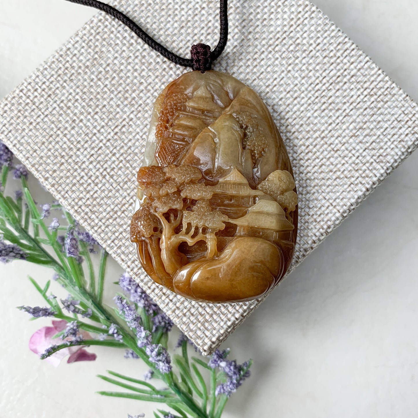 Jadeite Jade Yellow and Red Landscape Mountain Forest River Scenery Hand Carved Pendant Necklace, YJ-0321-0327782 - AriaDesignCollection