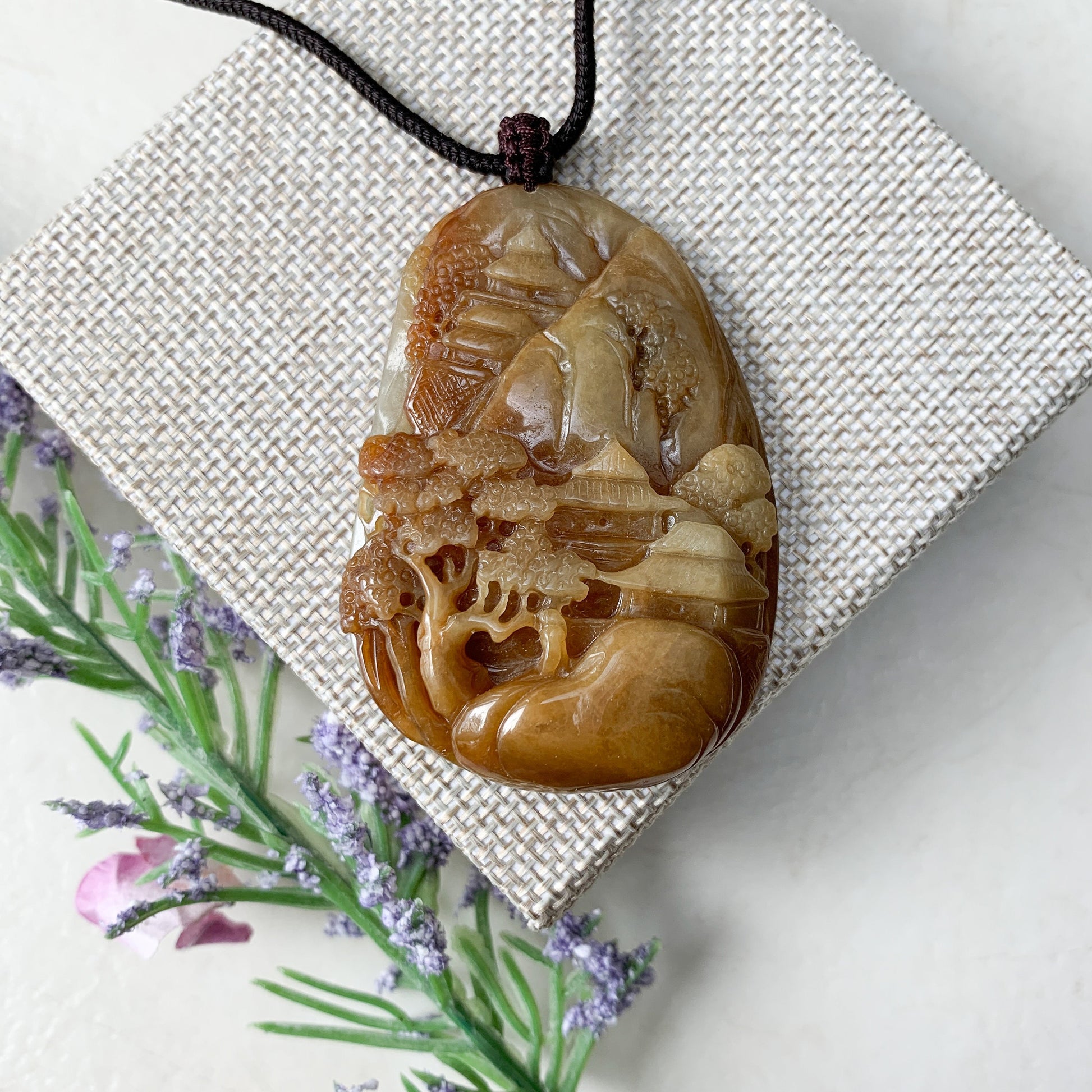 Jadeite Jade Yellow and Red Landscape Mountain Forest River Scenery Hand Carved Pendant Necklace, YJ-0321-0327782 - AriaDesignCollection