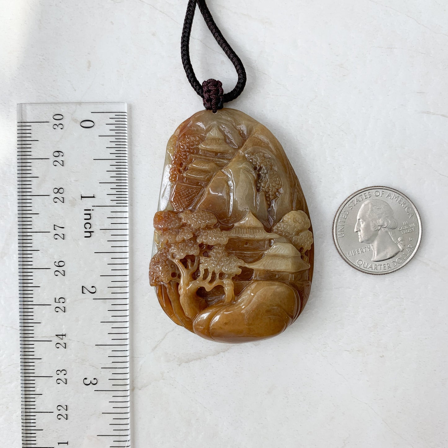 Jadeite Jade Yellow and Red Landscape Mountain Forest River Scenery Hand Carved Pendant Necklace, YJ-0321-0327782 - AriaDesignCollection