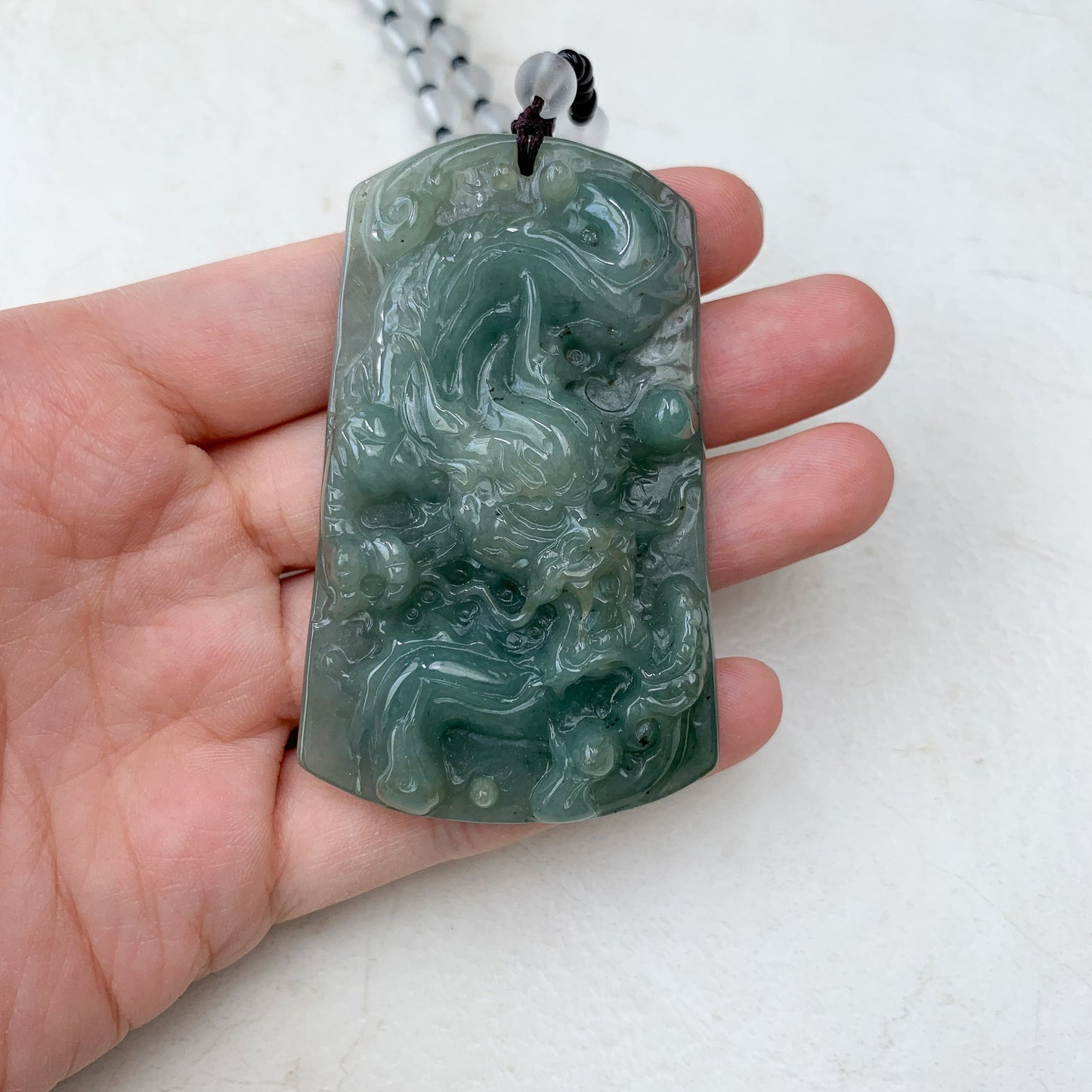 Large Jadeite Jade Dragon Chinese Zodiac Hand Carved Pendant Necklace, YJ-0321-0465253 - AriaDesignCollection