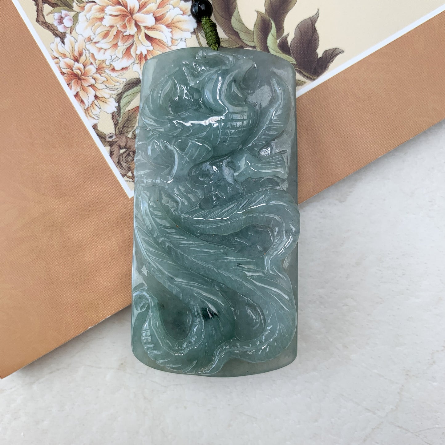 Dual Side Jade Dragon Phoenix Necklace, Green Jadeite Jade, Hand Carved Jade Necklace, Jade Pendant, YJ-0321-0348621 - AriaDesignCollection