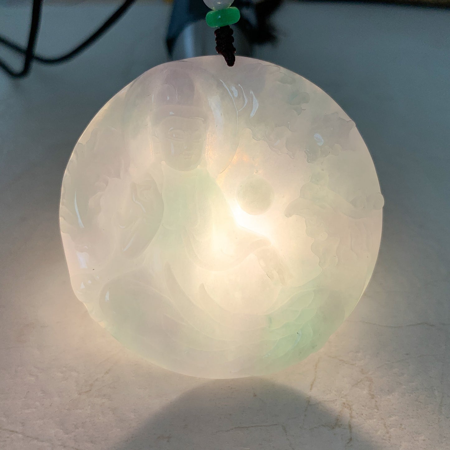 Large Jadeite Jade Guan Yin Sitting on Lotus with Phoenix Avalokiteshvara Carved Pendant Necklace, YJ-0321-0447204 - AriaDesignCollection