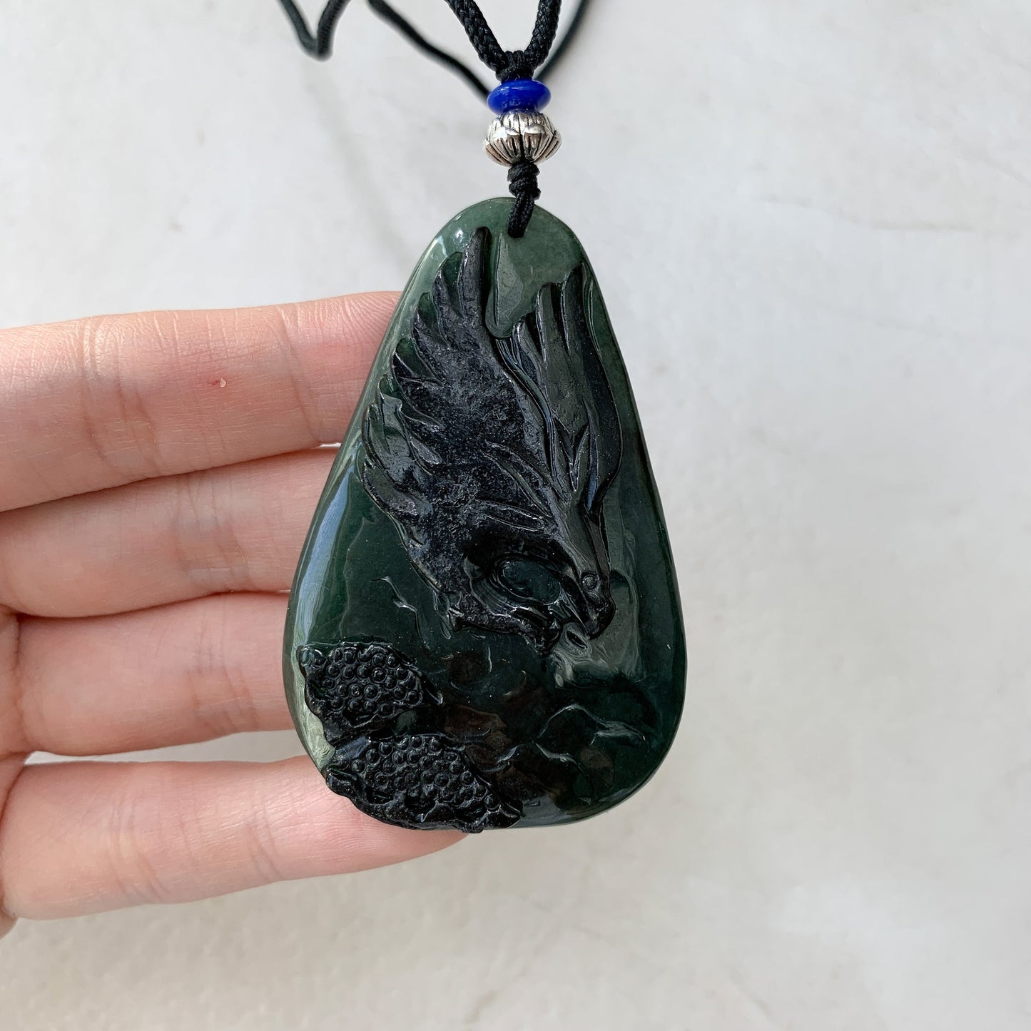 Black Green Jadeite Jade Eagle Necklace, Hand Carved, YJ-0321-0351385 - AriaDesignCollection