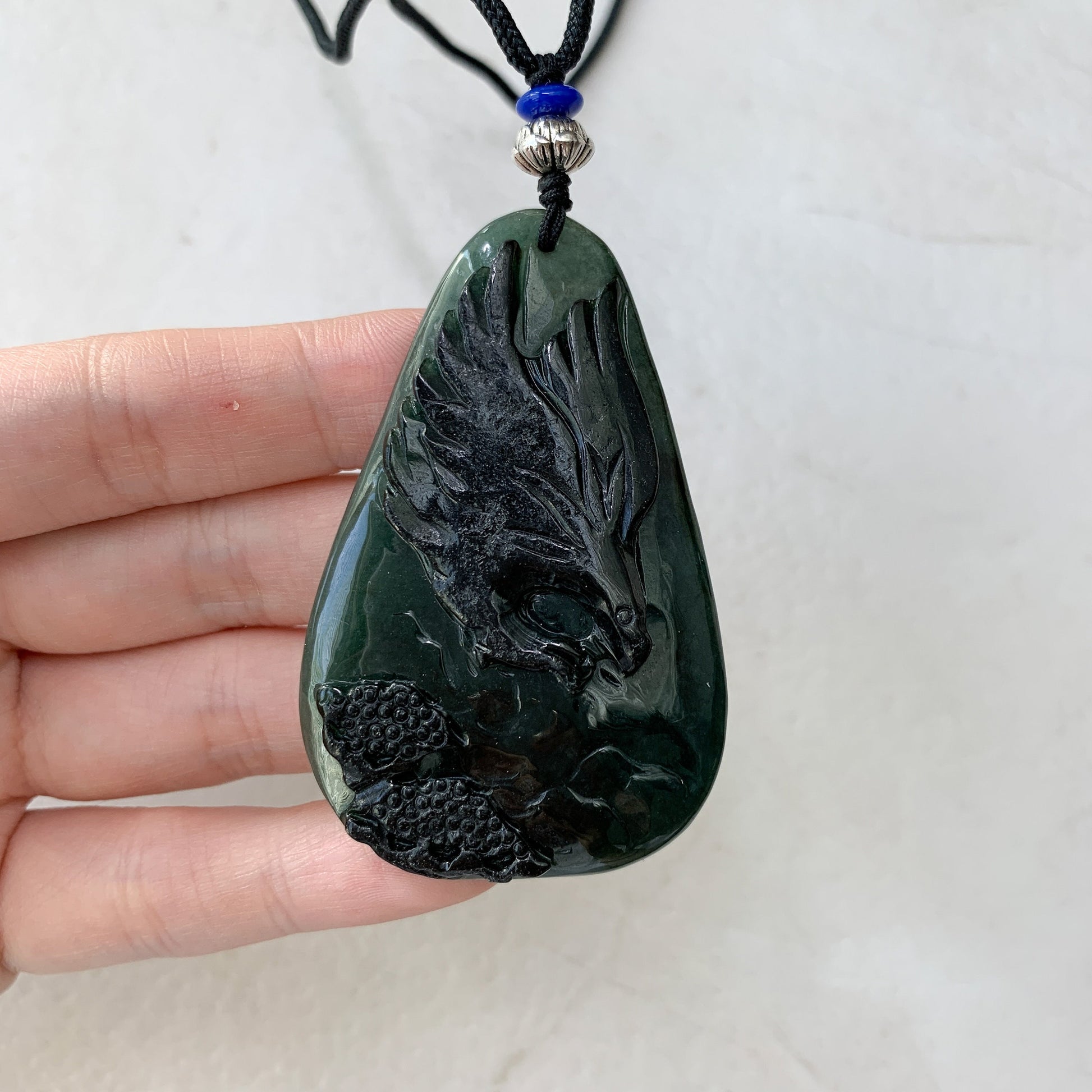Black Green Jadeite Jade Eagle Necklace, Hand Carved, YJ-0321-0351385 - AriaDesignCollection