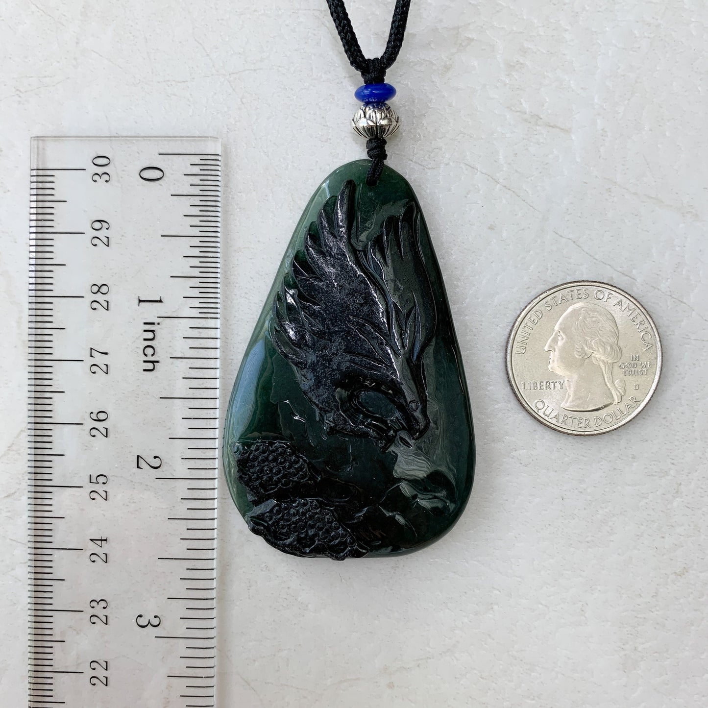 Black Green Jadeite Jade Eagle Necklace, Hand Carved, YJ-0321-0351385 - AriaDesignCollection