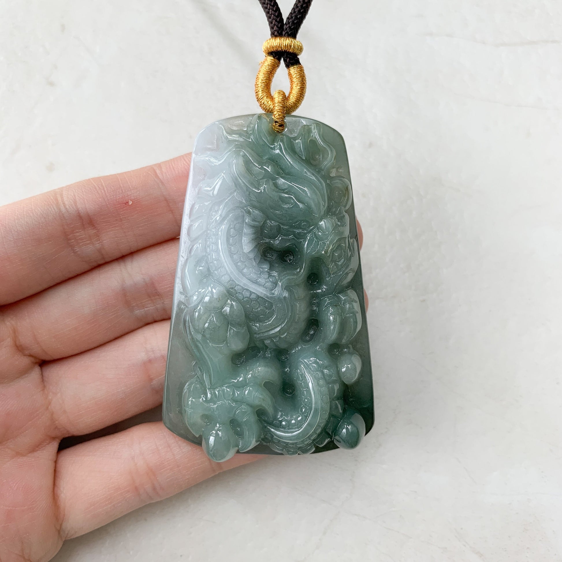 Large Jadeite Jade Dragon Chinese Zodiac Hand Carved Pendant Necklace, YJ-0321-0441007 - AriaDesignCollection