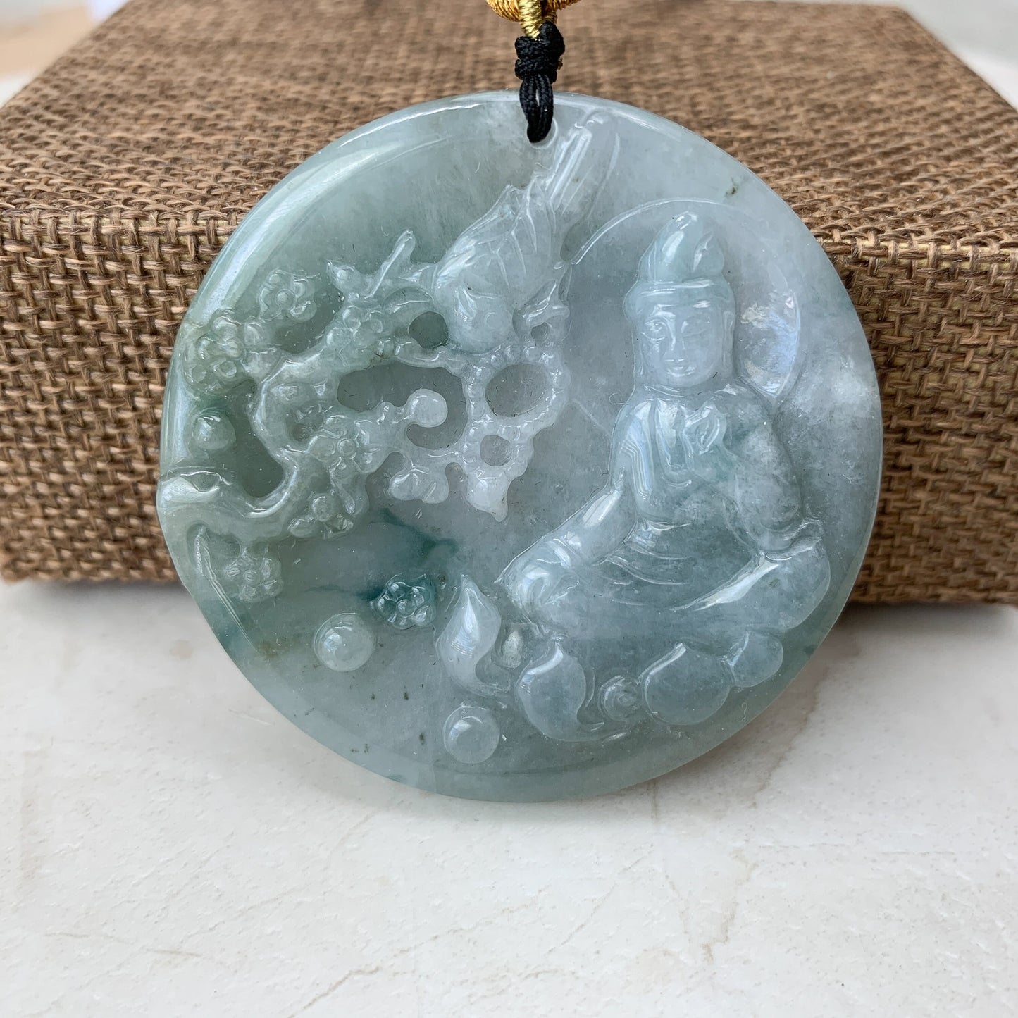 Large Jadeite Jade Guan Yin Sitting on Lotus with Phoenix Avalokiteshvara Carved Pendant Necklace, YJ-0321-0351344 - AriaDesignCollection
