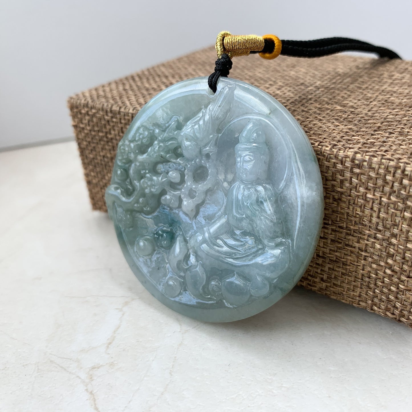 Large Jadeite Jade Guan Yin Sitting on Lotus with Phoenix Avalokiteshvara Carved Pendant Necklace, YJ-0321-0351344 - AriaDesignCollection